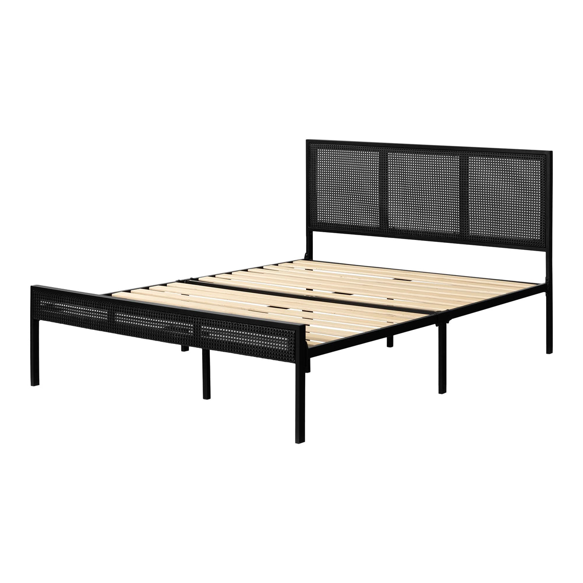 South Shore Hoya Metal Platform Bed With Natural Cane, Queen, Pure Black