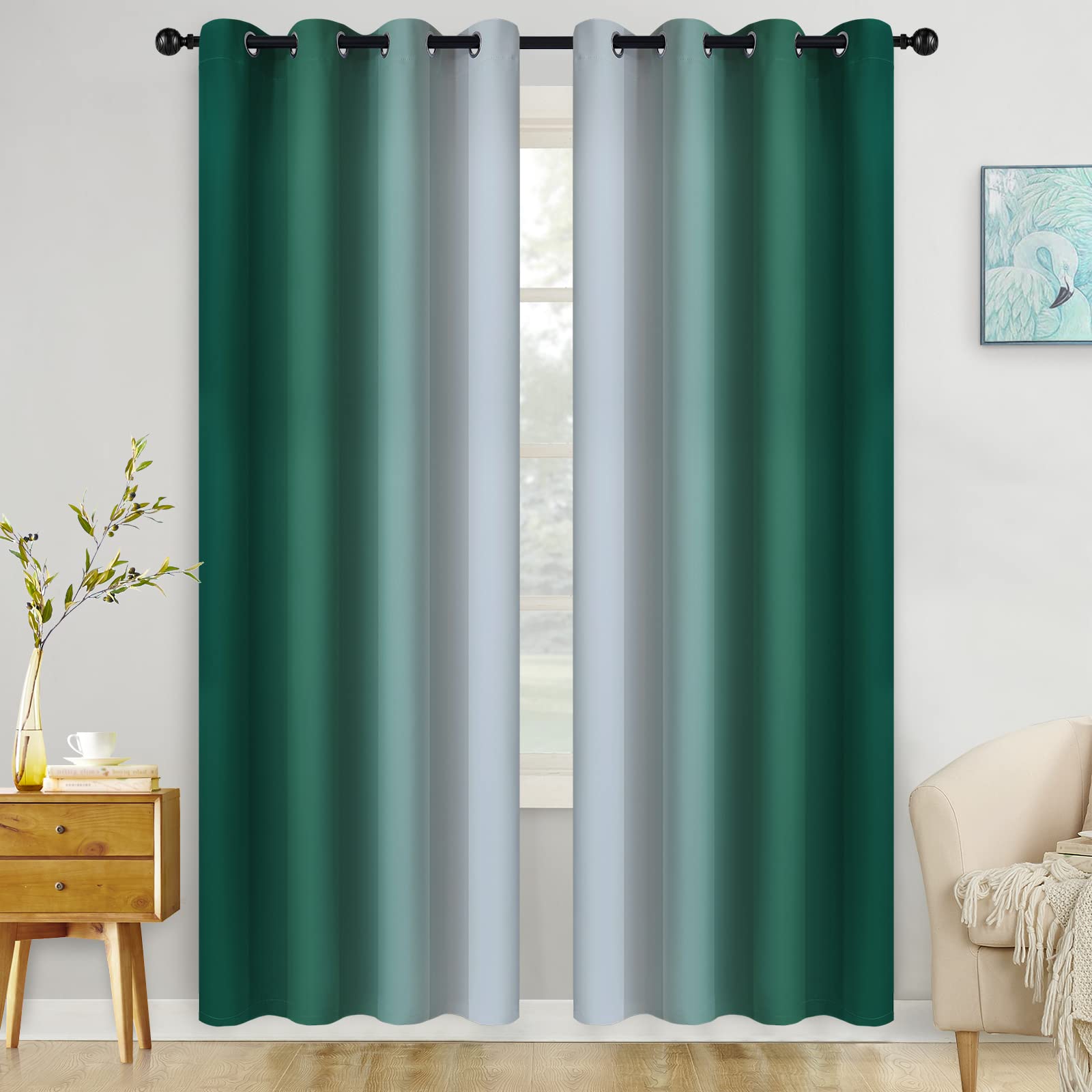 Cosviya Blackout Curtains & Drapes Ombre Green Curtains 84 Inches Long 2 Panels, Room Darkening Light Blocking Grommet Gradient