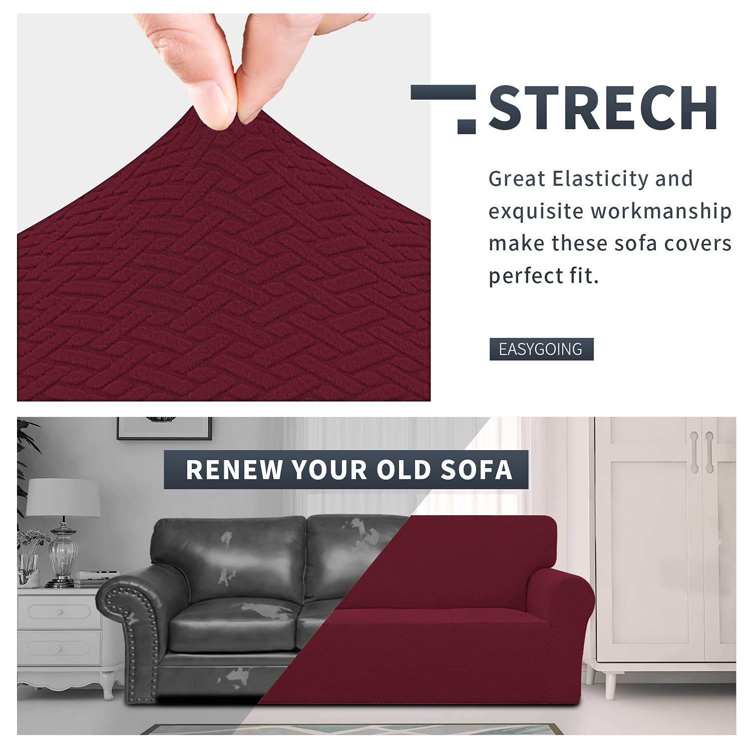 Easy-Going Stretch Jacquard Loveseat Couch Cover, 1-Piece Soft Sofa Cover, Sofa Slipcover With Anti-Slip Foams, Washable Furniture Protector For Kids, Pets (Loveseat, Burgundy)