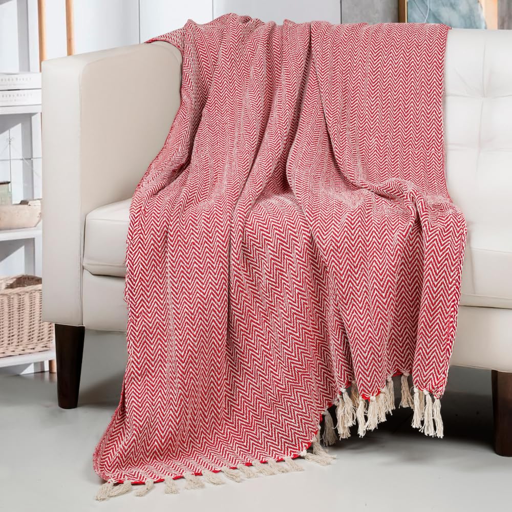 HOMADORN All Season Cotton Weaved Throw Blanket for Bed/Sofa 50x70 INCHES (RED)