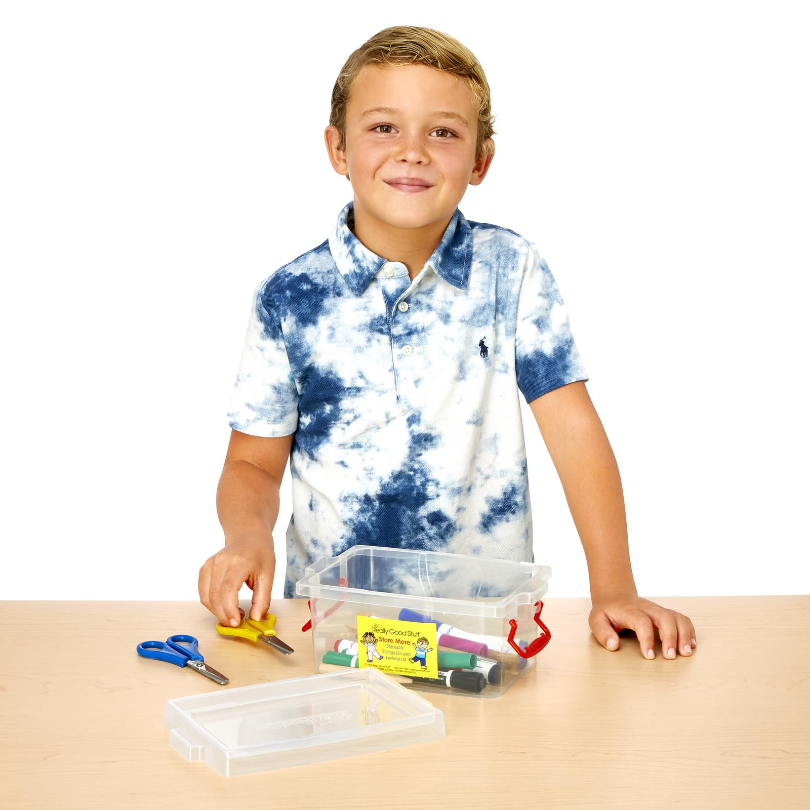 Really Good Stuff Small Clear Plastic Stackable Storage Tubs With Locking Lid - Red Handles Lock Lid In Place - Hold Supplies, M