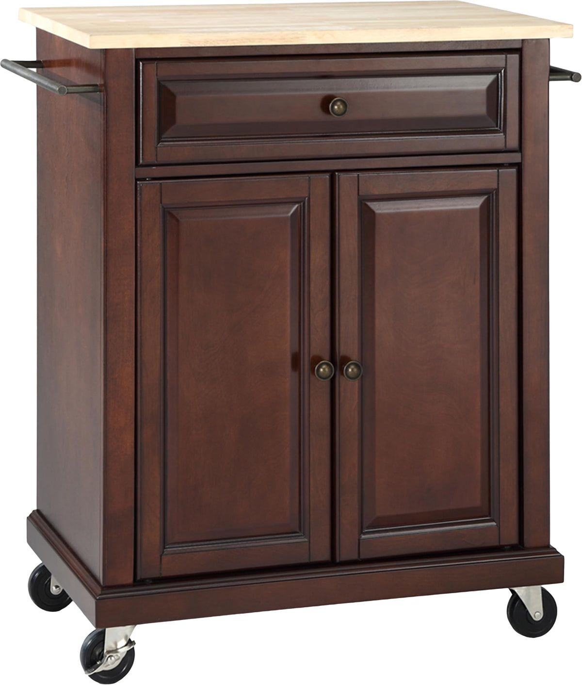 Crosley Furniture Compact Wood Top Small Rolling Cart with Shelves, Microwave Stand with Towel Rack, Mahogany