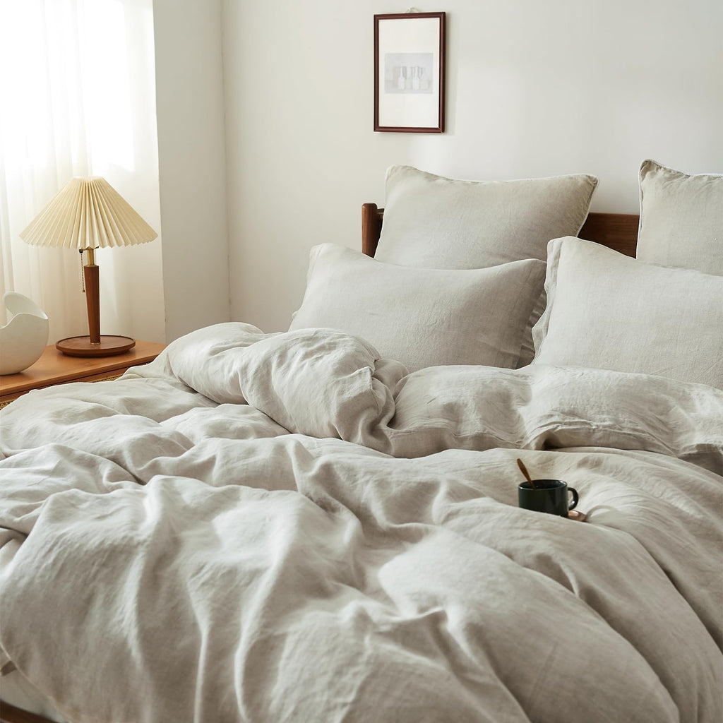 Simple&Opulence 100% Linen Duvet Cover Set, Pure Natural French Flax Linen Duvet Cover Twin Size, Breathable Soft Comfy Linen Be