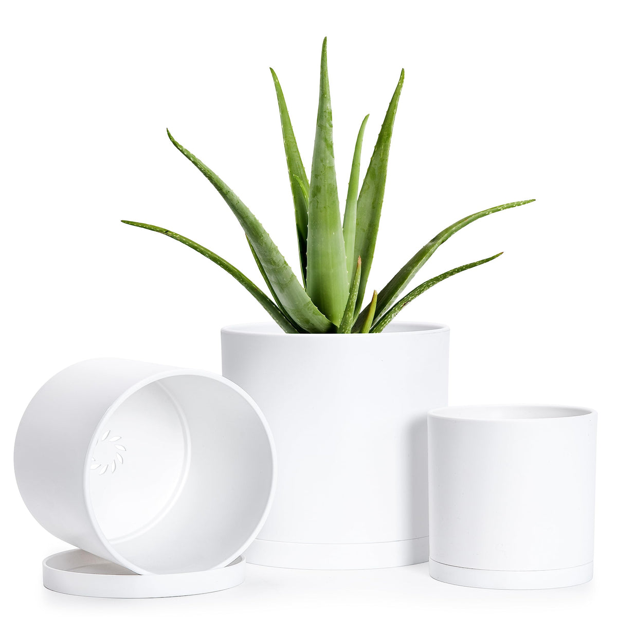 4 Inch 5 Inch 6 Inch, Set Of 3 Plastic Planter Pots For Plants With Drainage Hole And Seamless Saucers, White Color, Small, 74-E