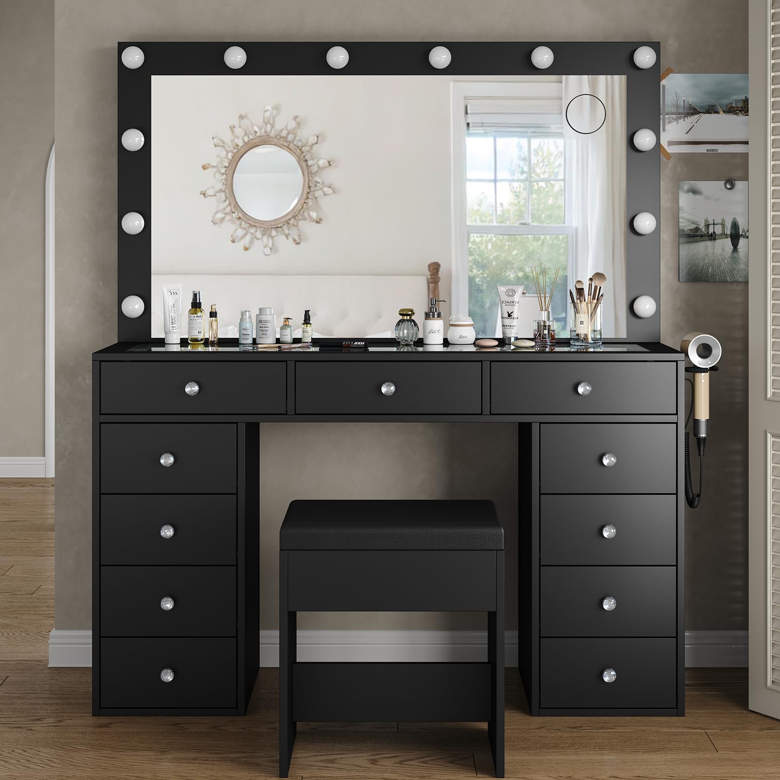Yanosaku Vanity Desk & Power Outl, Makeup Table with Mirror and 12 LED Lights, Makeup Table with 11 Drawers, 3 Lighting Modes Br