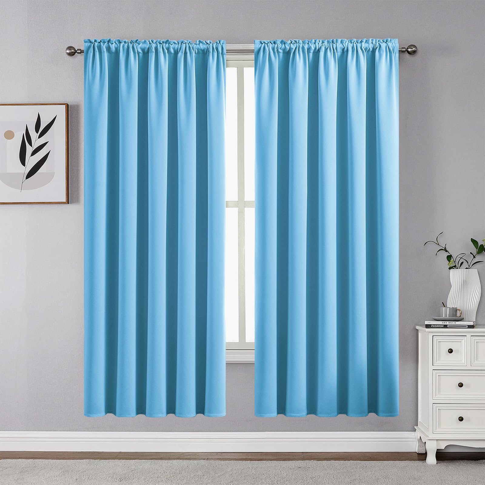 CUCRAF Light Blue Blackout Curtains 63 inch Length 2 Panels Set, Rod Pocket Room Darkening Drapes for Bedroom Living Room, Insul
