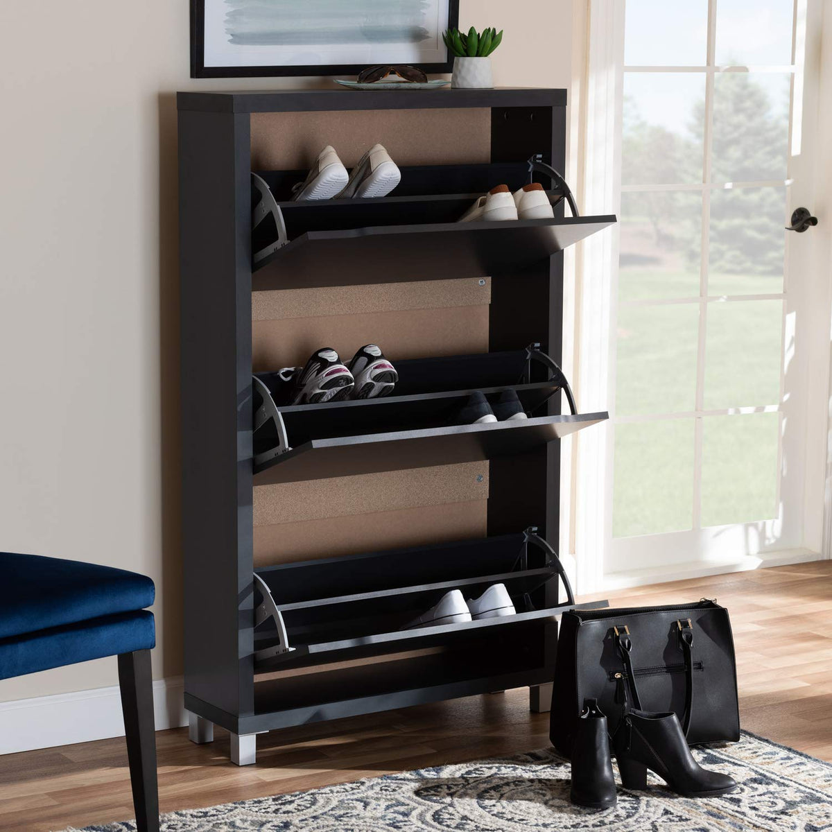 Baxton Studio Simms Modern And Contemporary Dark Grey Finished Wood Shoe Storage Cabinet With 6 Fold-Out Racks