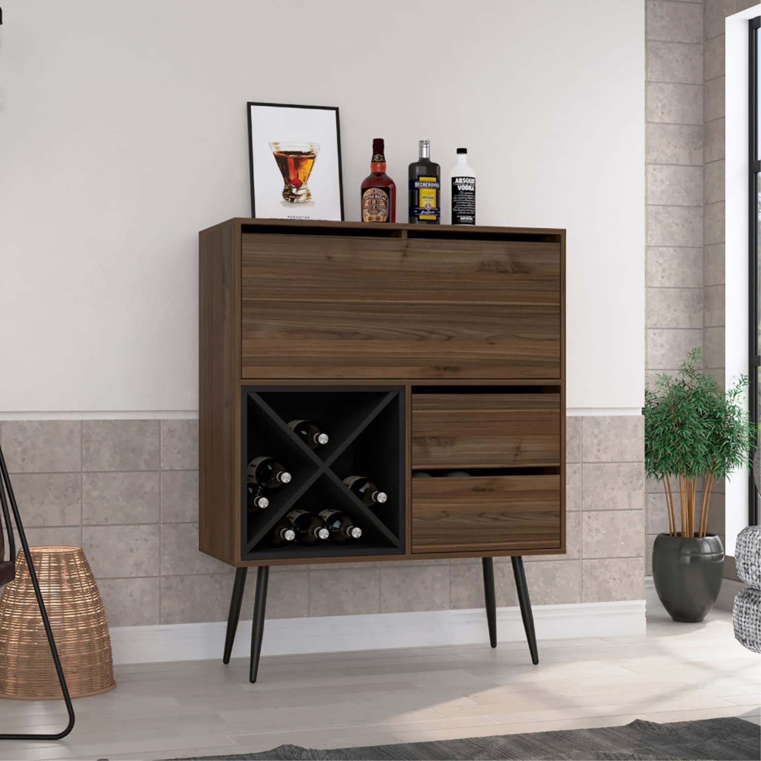 Thistle Bar Cabinet with 2 Drawers, 4 Double Racks, Single Cabinet, and 2 Shelves, Mahogany/Black