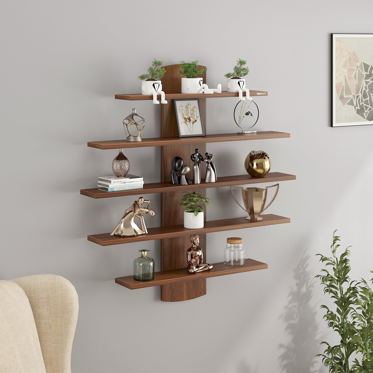 BLUEWUD Caselle Engineered Wood Wall Mounted Decor Display Decorative Storage Wall Shelf for Living Room Home Furniture (Brown M