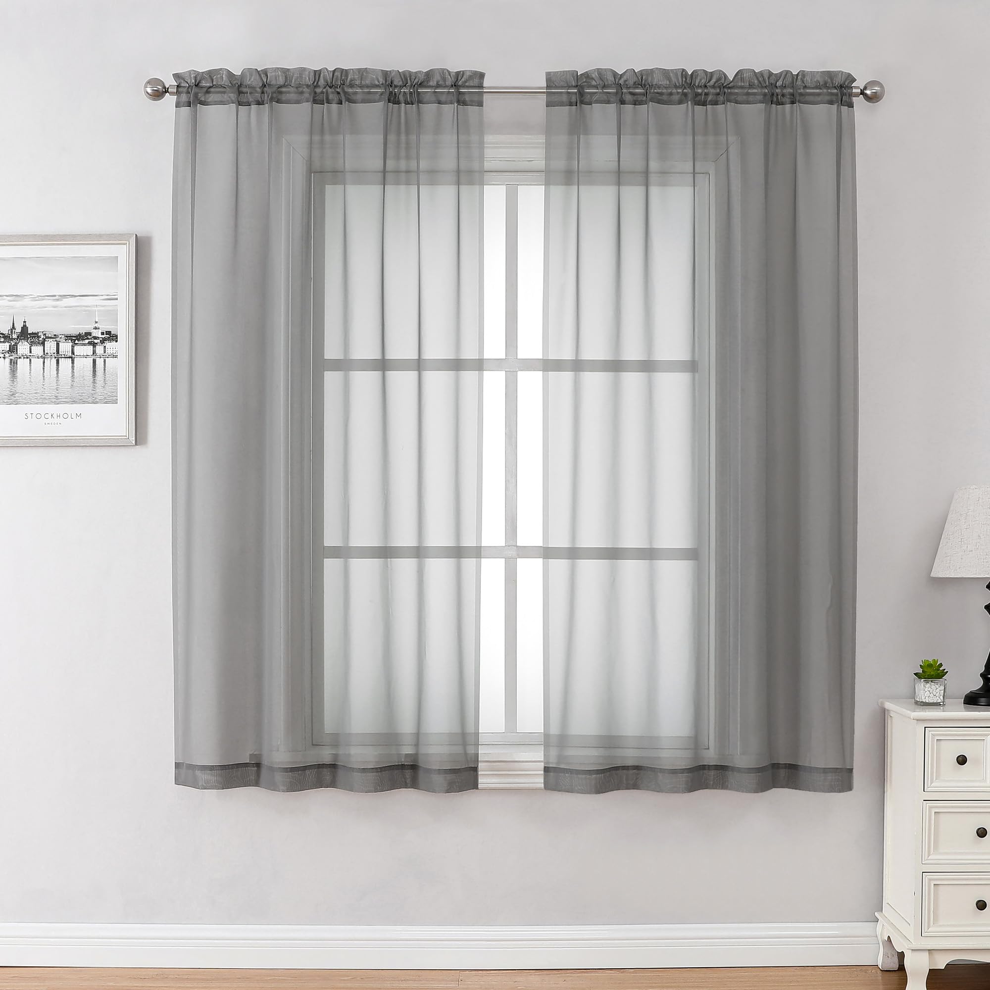 Chyhomenyc Voile Sheer Window Curtain Panels 54 Inch Long, Set of 2, Top Dual Rod Pockets Light Filtering Drapes for Small Windo