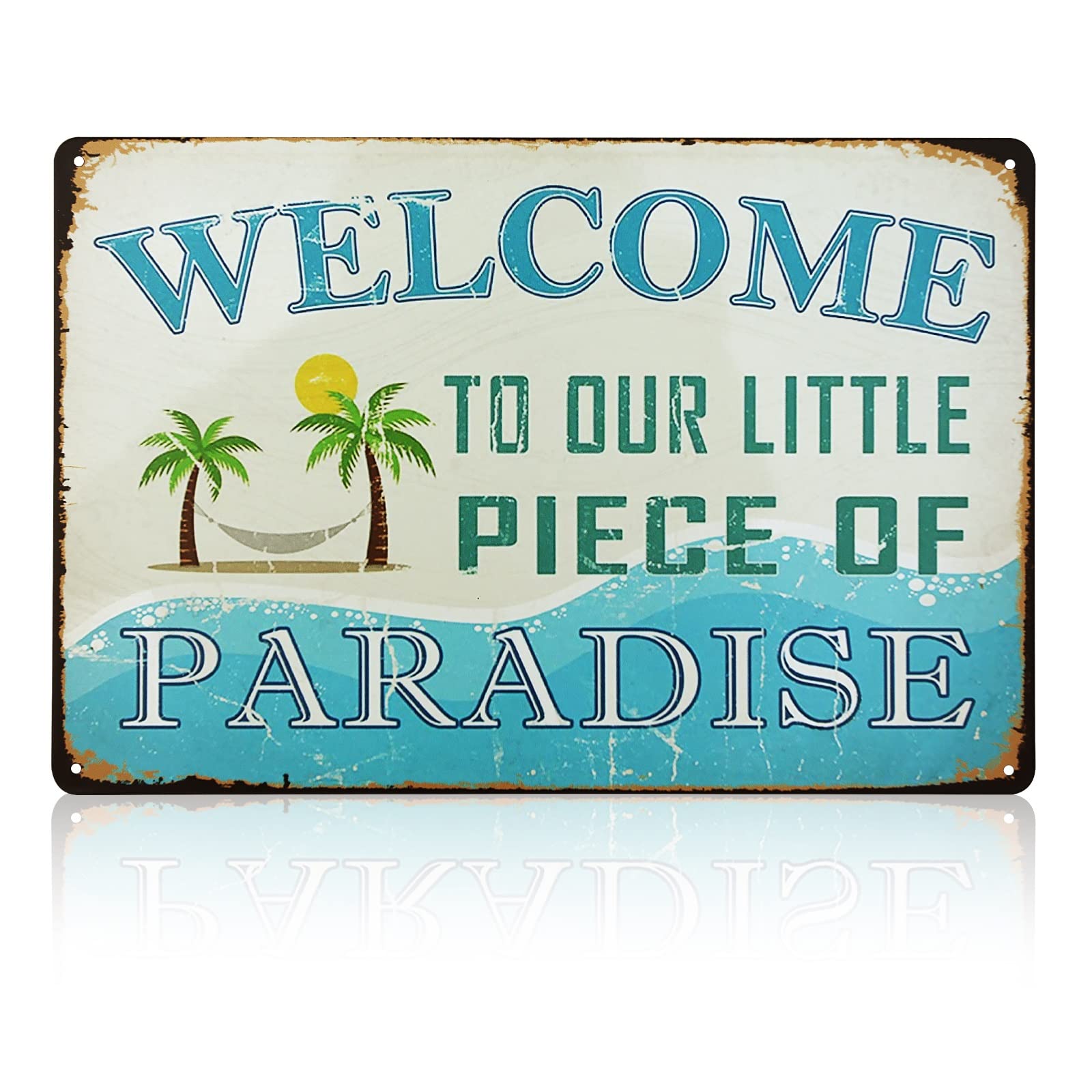 Manrule Welcome To Our Little Piece Of Paradise Welcome Sign For Front Door, Metal Signs Vintage For Home Swimming Pool River Be