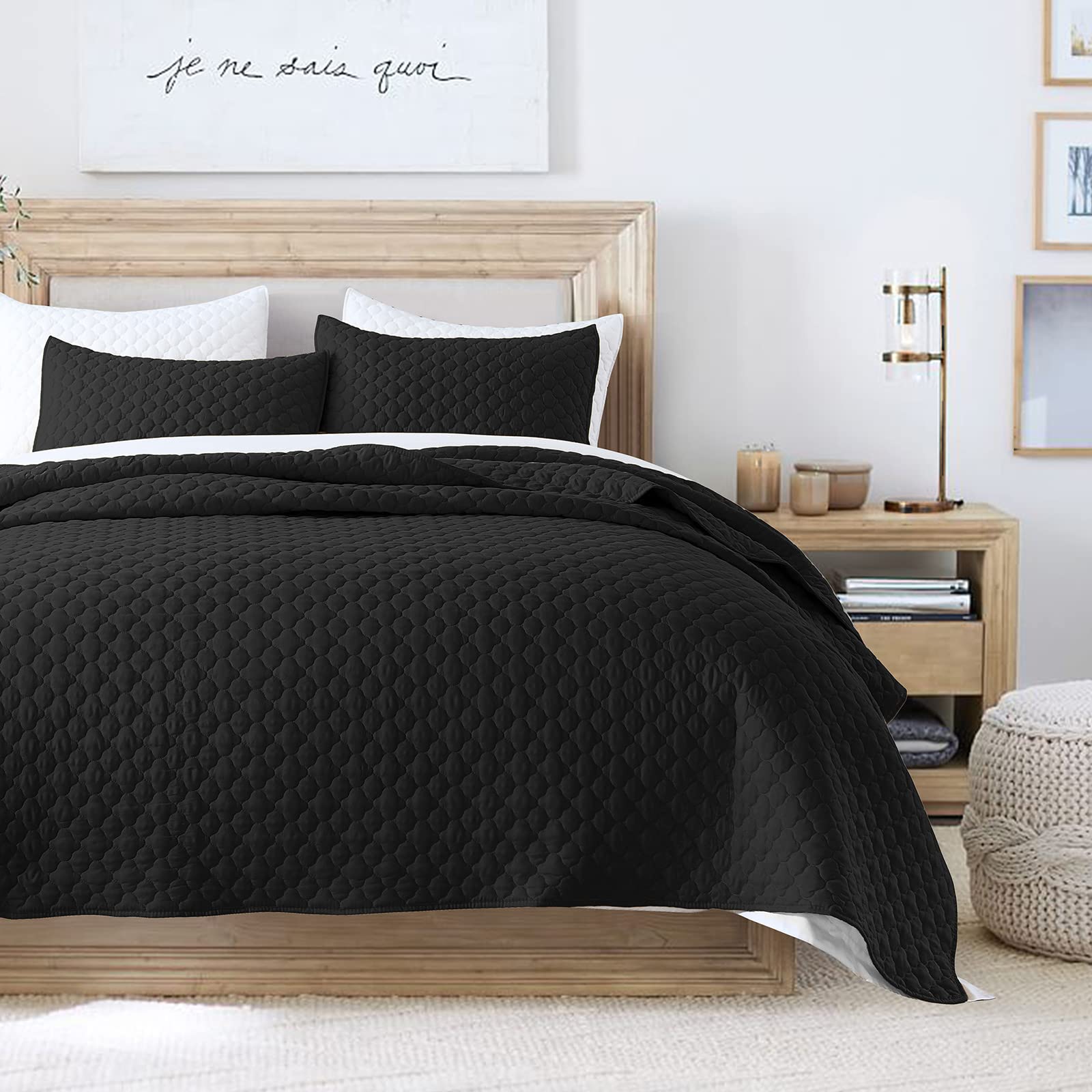 Quilt Set Queen Size Black Bedspread, Modern Style Quilted Clouds Pattern Soft Coverlet Set Lightweight Microfiber Quilted Bedsp