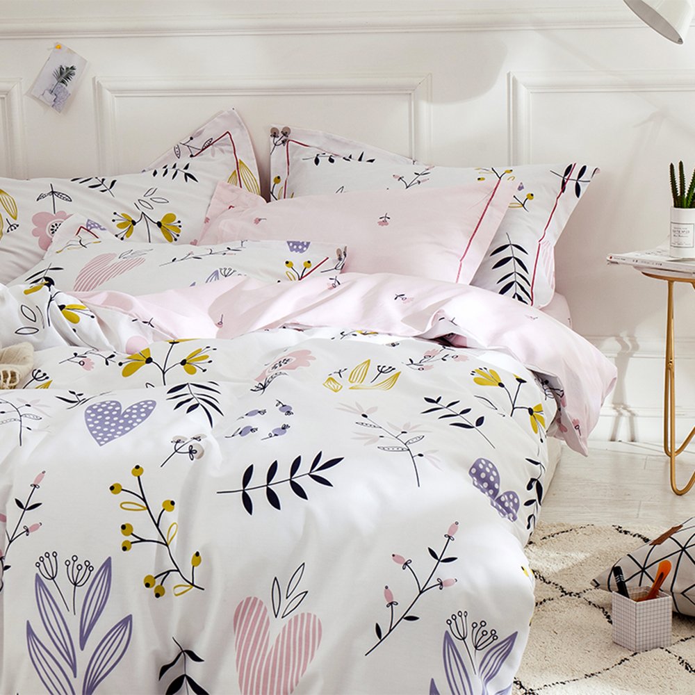 Girls Floral Duvet Cover Queen Boho White Pink Floral Bedding Sets Cotton Aesthetic Floral Comforter Cover Chic Flower Branches