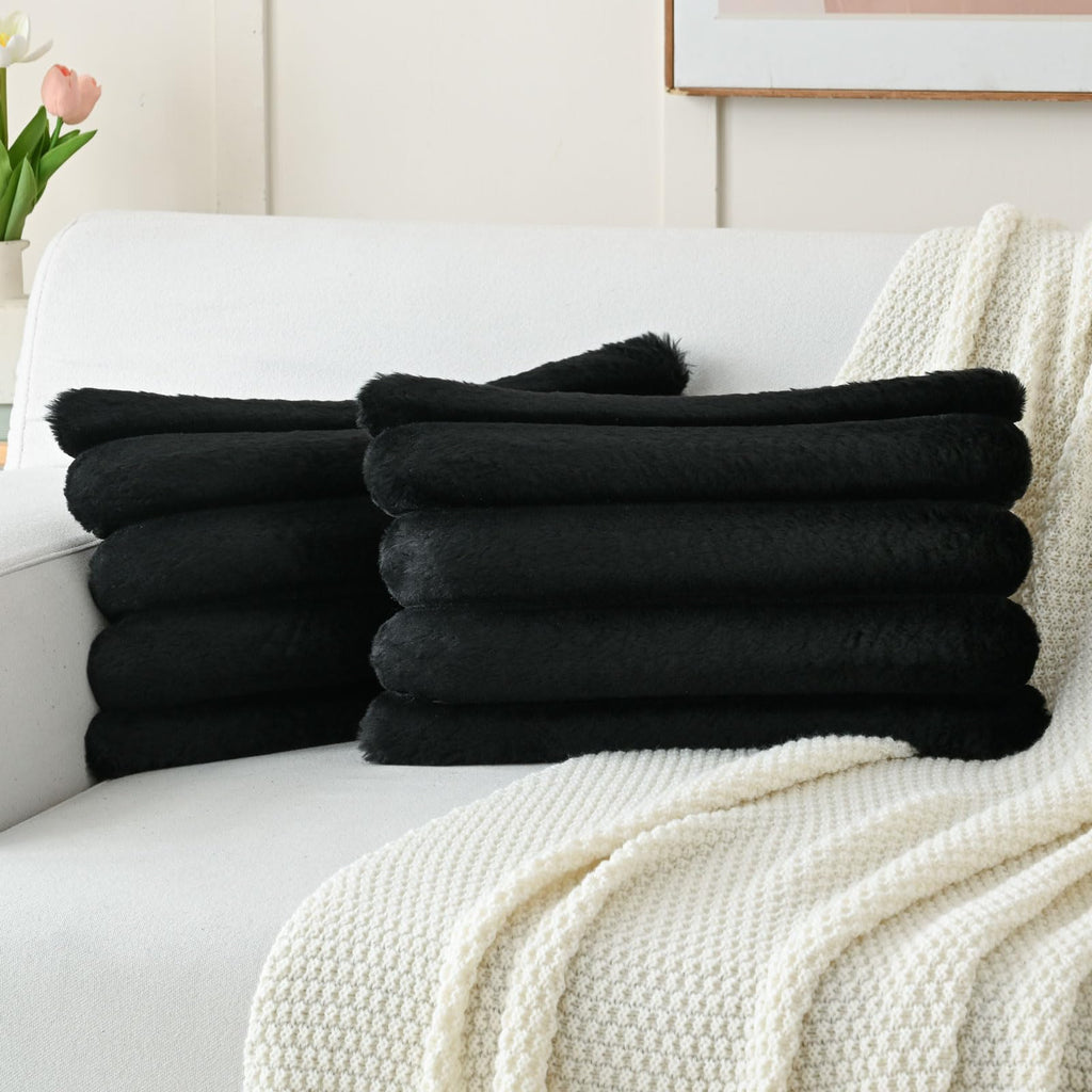 Futei Black Decorative Throw Pillow Covers 12X20 Inch Set Of 2, Square Soft Faux Rabbit Fur Big Striped Cushion Cover,Home Decor