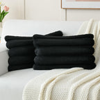 Futei Black Decorative Throw Pillow Covers 12X20 Inch Set Of 2, Square Soft Faux Rabbit Fur Big Striped Cushion Cover,Home Decor