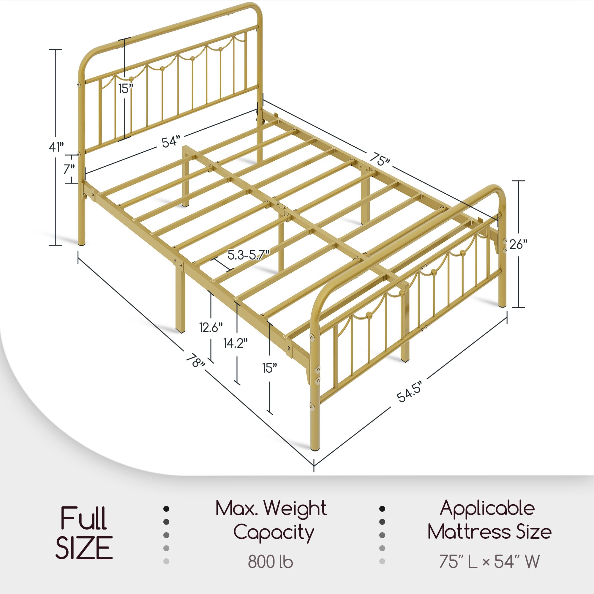 Yaheetech Full Size Metal Bed Frames With Vintage Headboard And Footboard, Farmhouse Metal Platform Bed, Heavy Duty Steel Slat Support, Ample Under-Bed Storage, No Box Spring Needed, Antique Gold