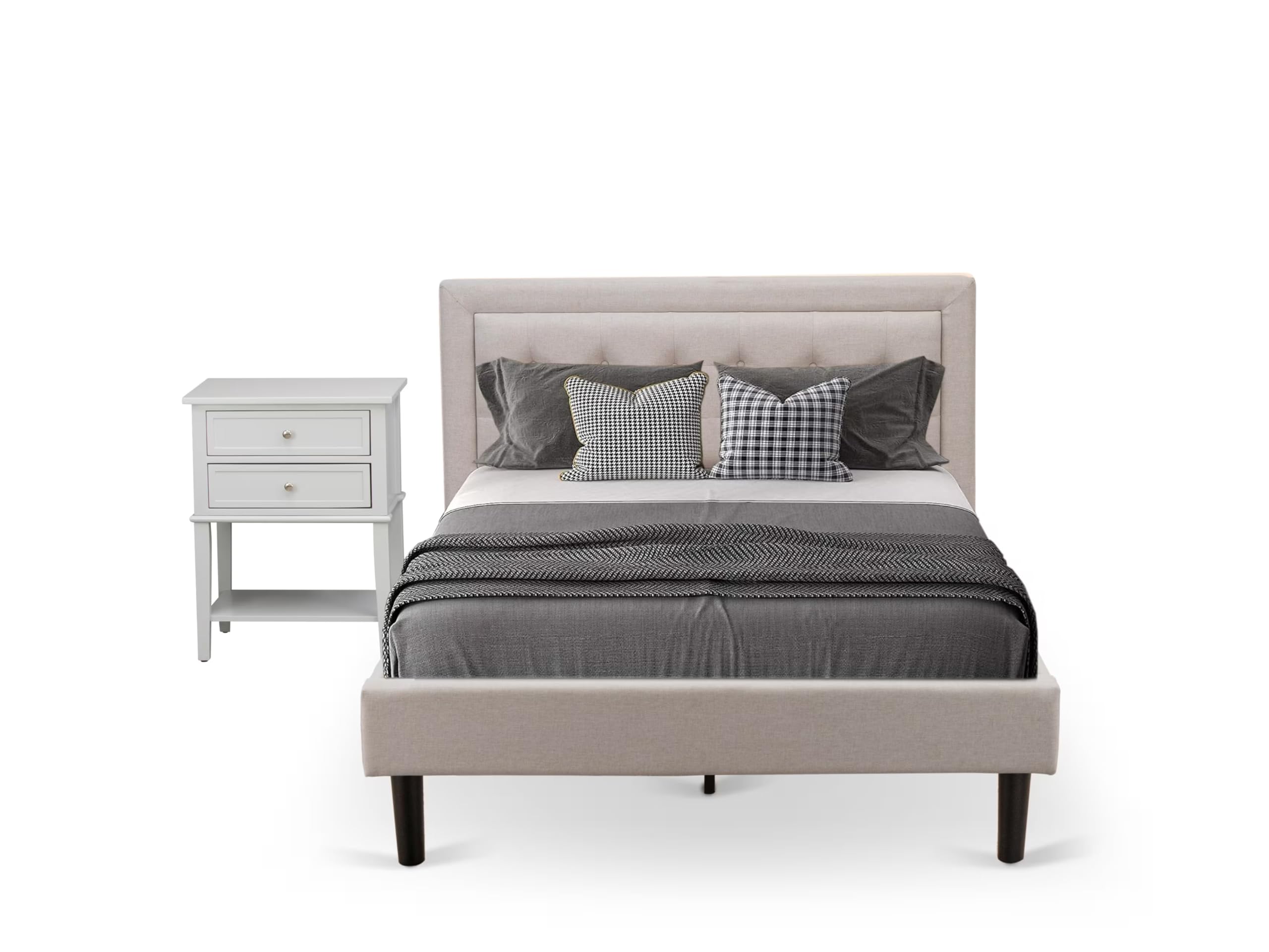 East West Furniture FN08F-1VL14 2-Pc Platform Bedroom Set with 1 Full Size Bed Frame and a Night Stand - Reliable and Durable Manufacturing - Mist Beige Linen Fabric