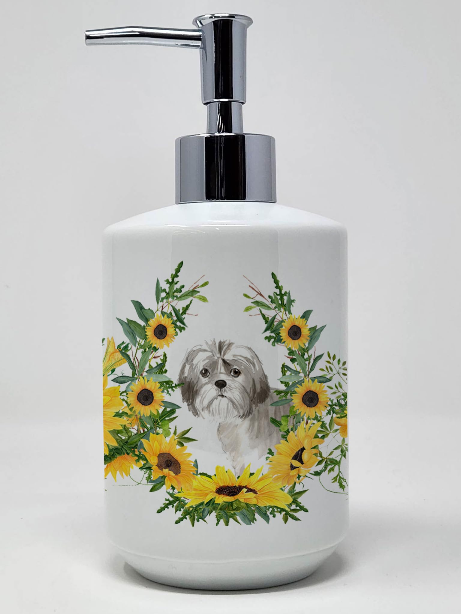 Caroline's Treasures CK2961SOAP Shih Tzu in Sunflowers Ceramic Soap Dispenser Hand Soap Dispenser Pump Bottles for Bathroom Kitc