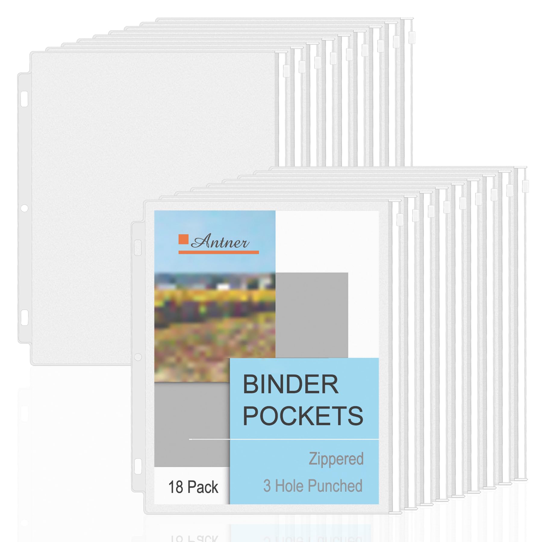 Antner 18 Pack Zipper Binder Pockets For 3 Ring Binder, Clear Pvc 3 Holes Letter Size Binder Pouch Document Storage Bags Binder