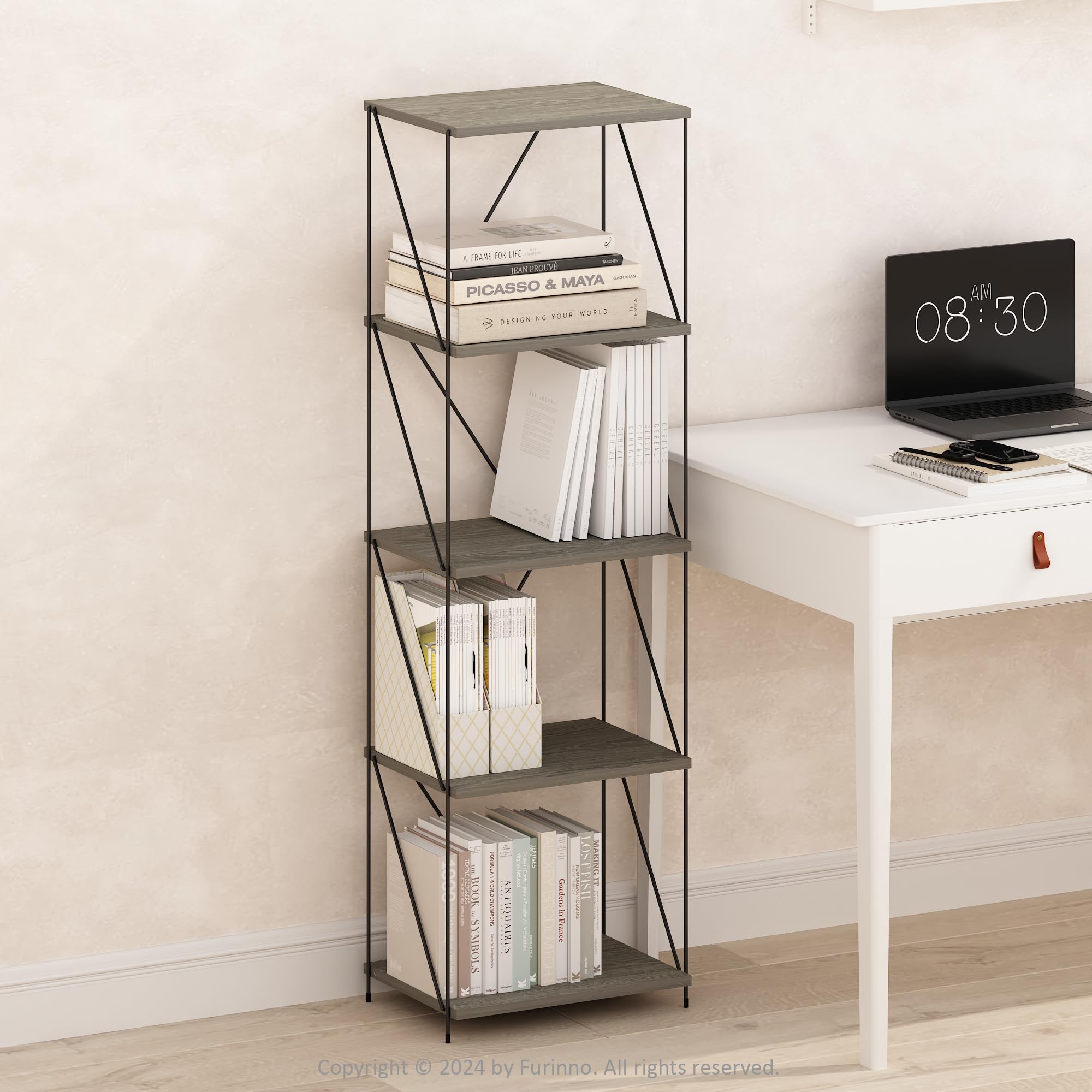 Furinno Wire 5-Tier Industrial Style Metal Frame Bookcase, Display Shelf, 16 Wide, Finn Oak