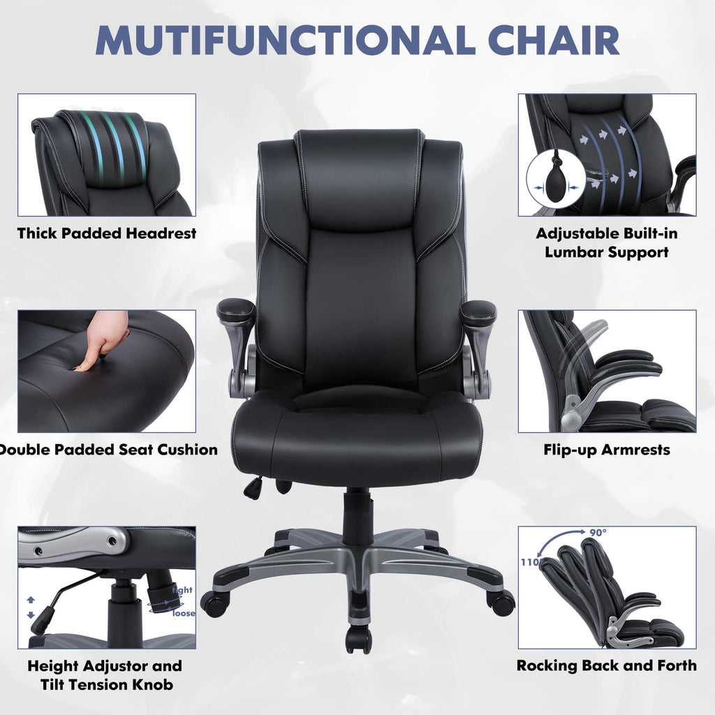 Colamy Leather Executive Office Chair- High Back Home Computer Desk Chair With Padded Flip-Up Arms, Adjustable Tilt Lock, Swivel Rolling Ergonomic Chair For Adult Working Study-Black, Set Of 2