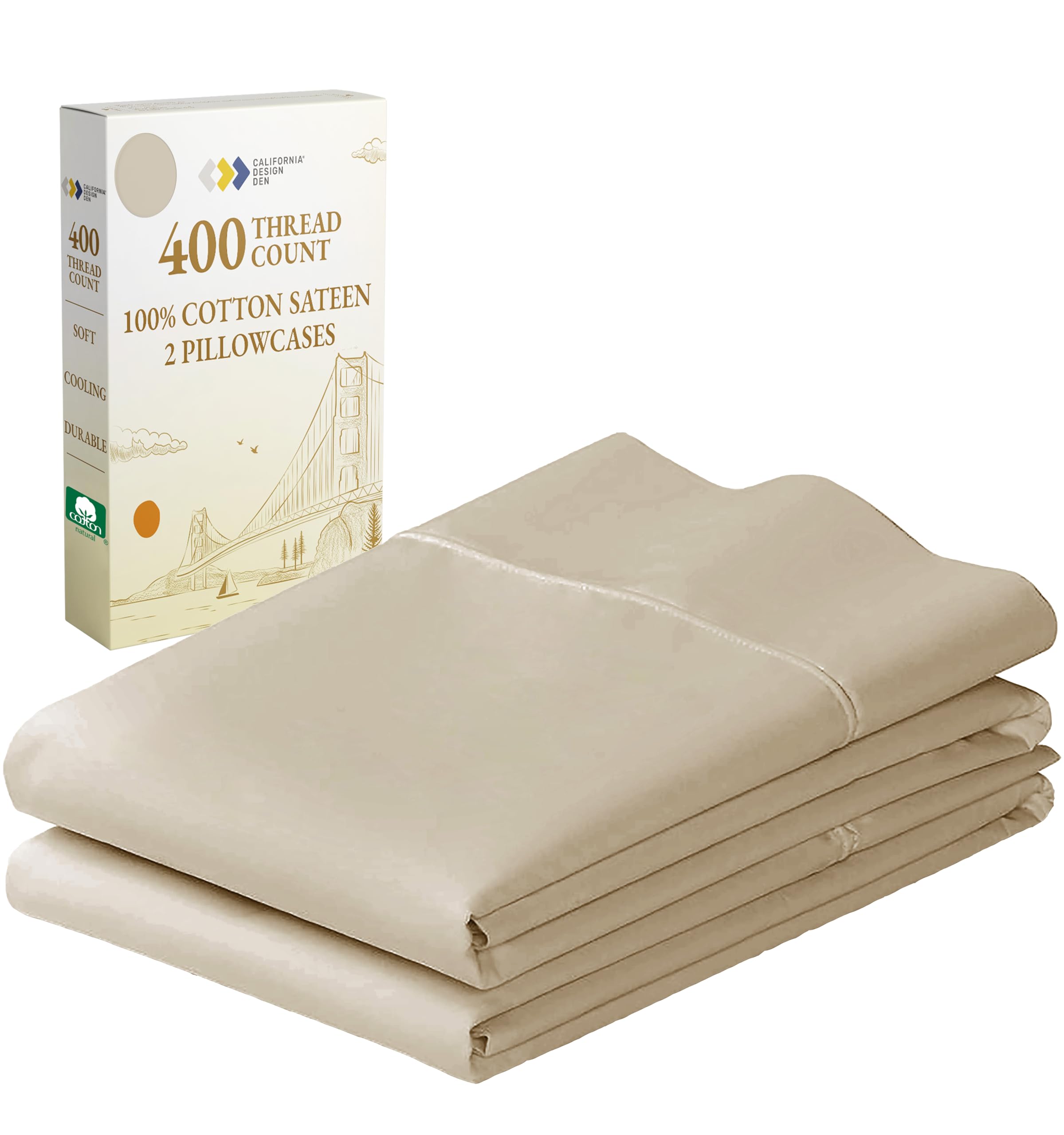 California Design Den Cotton King Pillowcase Set - 400 Thread Count, 100% Cotton Pillowcases, Set Of 2 Pillow Covers, Breathable, Cooling, Soft For Quality Sleep - Beige
