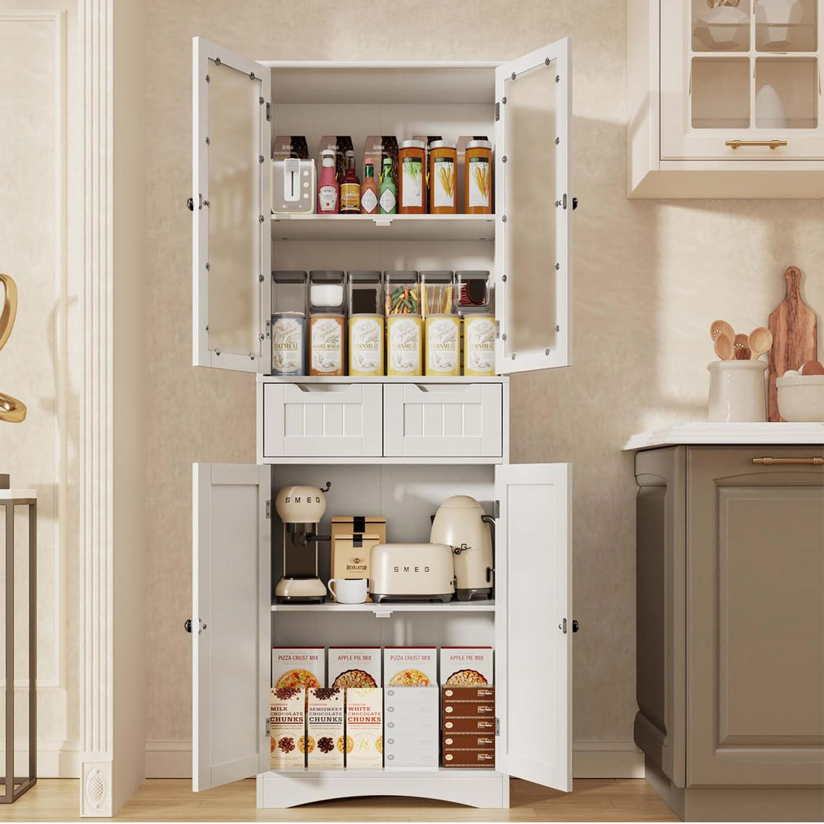 Gizoon 67' Tall Storage Cabinet, Freestanding Kitchen Pantry Cabinet With Glass Door & 2 Shelves & 2 Drawers, Stylish Linen Storage Cabinet For Home, Bathroom, Living Room, Office, White