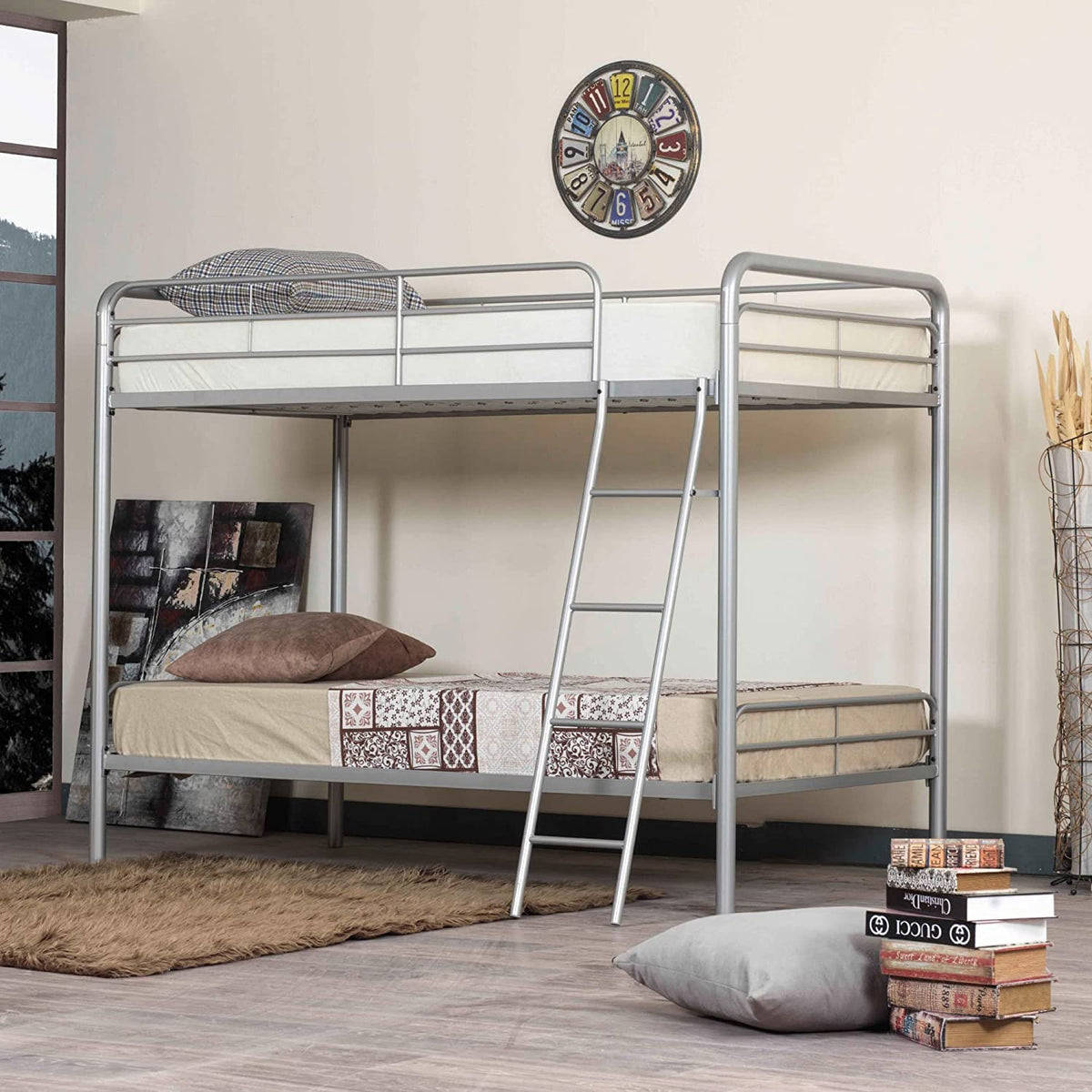 Woodpeckers Furniture And Mattress Twin Over Twin Metal Bunk Bed (Grey)