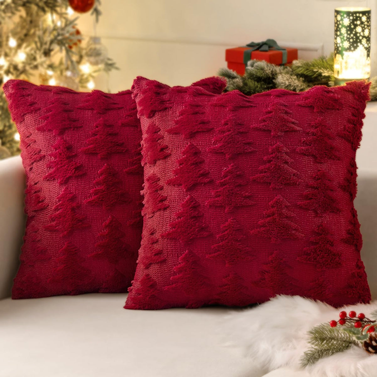 Miulee Burgundy Red Throw Pillow Covers Christmas Tree Decorative Pillow Covers 20X20 Inch Soft Plush Faux Wool Pillow Covers Se