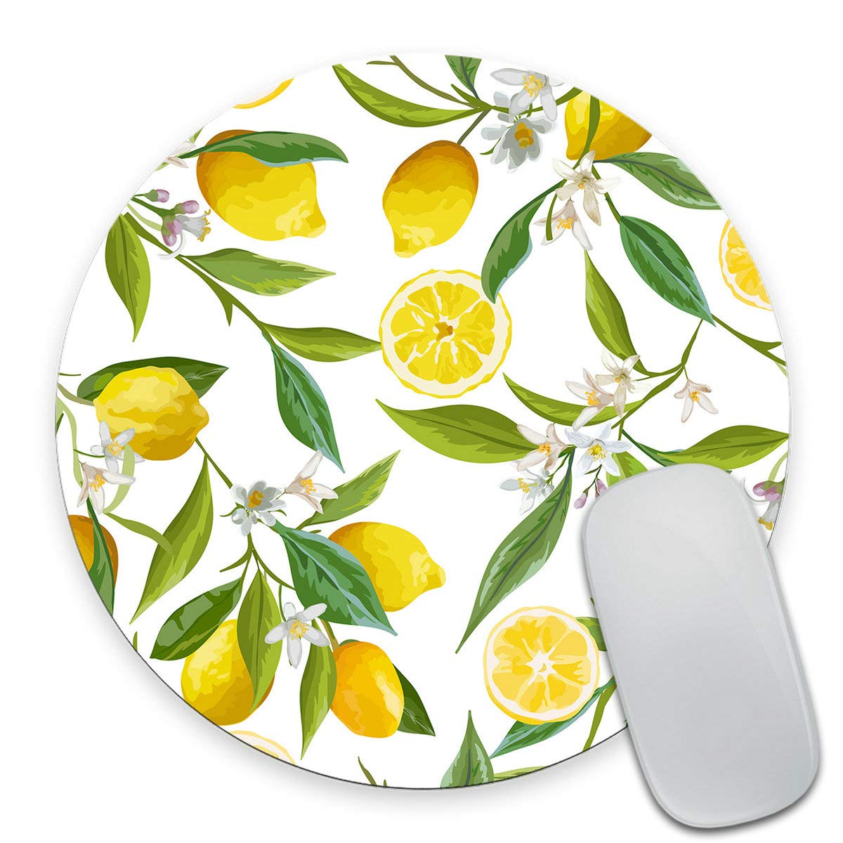 Smooffly Watercolor Lemon Painting Art Round Mouse Pad, Lemon Fruits With Flowers And Leaves Pattern Circular Mouse Pads