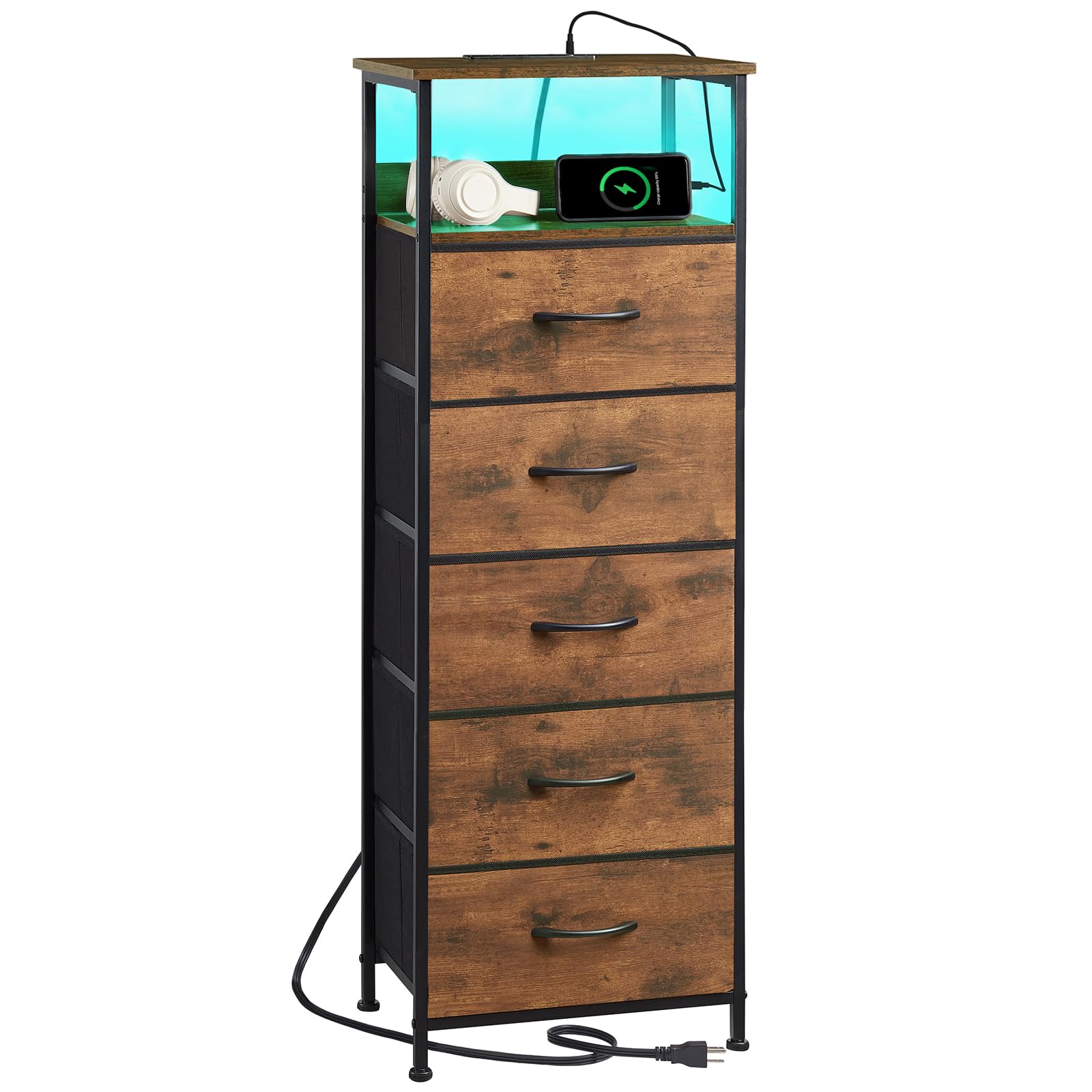 Somdot 5 Drawers Dresser with Charging Station and LED Light for Bedroom, Tall Nightstand with Removable Fabric Bins for Bedside