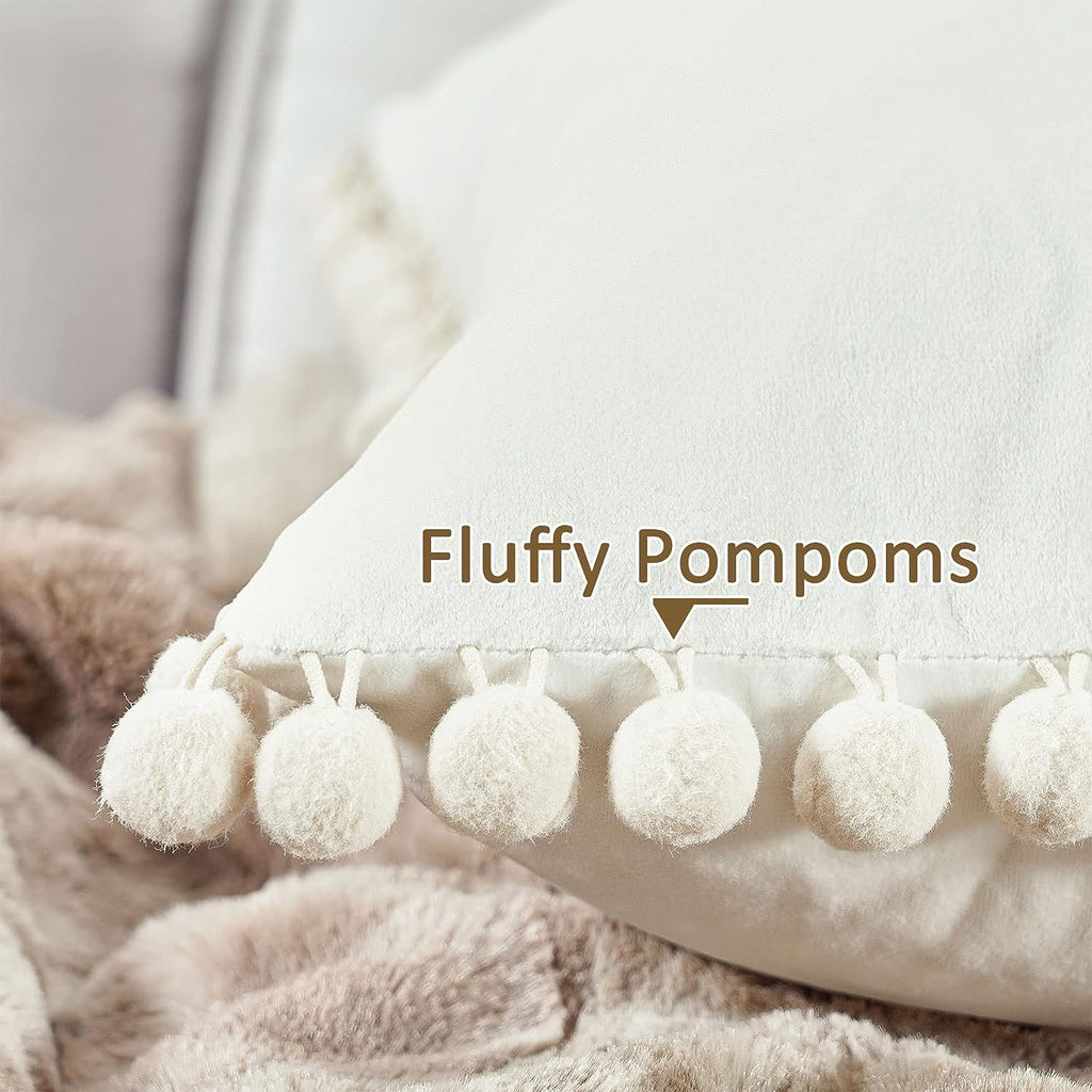 Top Finel Pack Of 2 Decorative Pillow Covers 16X16 Inches Cream Velvet Throw Pillow Covers With Pom-Poms Off White Square Cushio