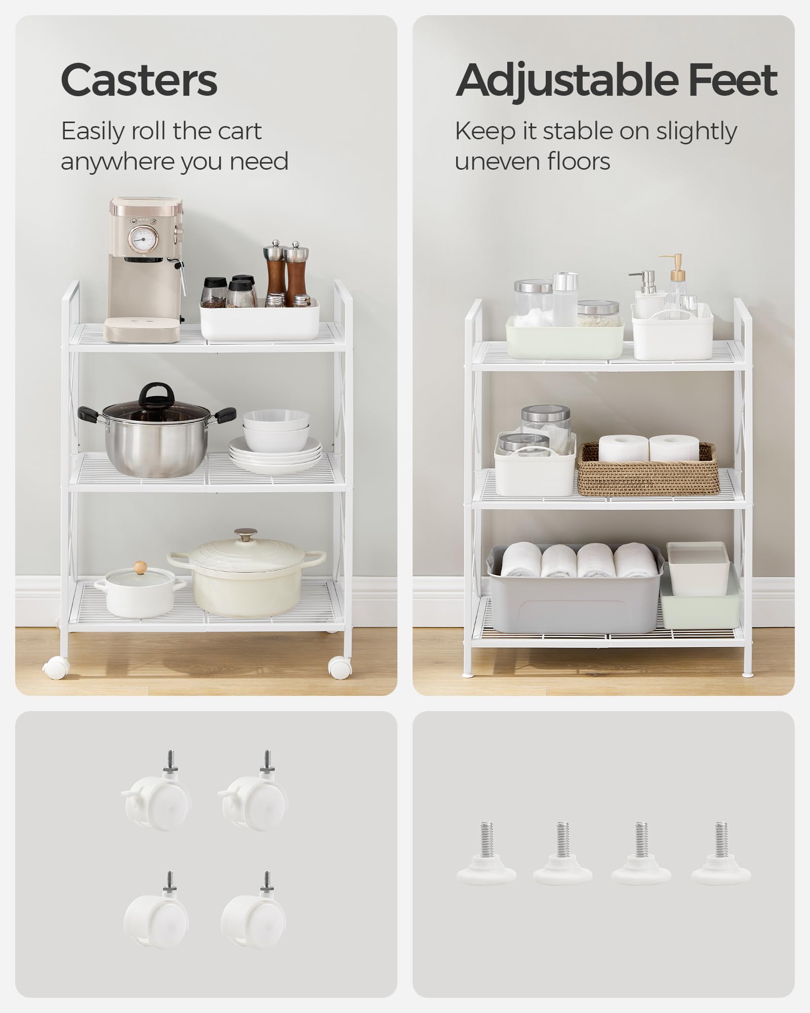 Songmics 3-Tier Metal Storage Rack With Wheels, Mesh Shelving Unit With X Side Frames, 23.6-Inch Width, For Entryway, Kitchen, Living Room, Bathroom, Industrial Style, White Ubsc163W01