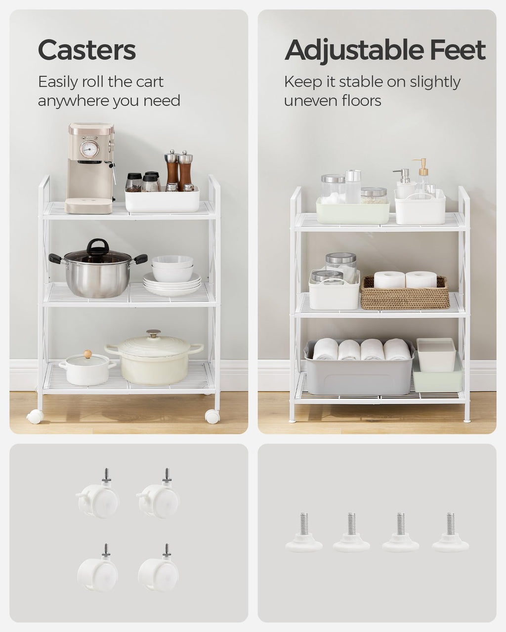 Songmics 3-Tier Metal Storage Rack With Wheels, Mesh Shelving Unit With X Side Frames, 23.6-Inch Width, For Entryway, Kitchen, Living Room, Bathroom, Industrial Style, White Ubsc163W01