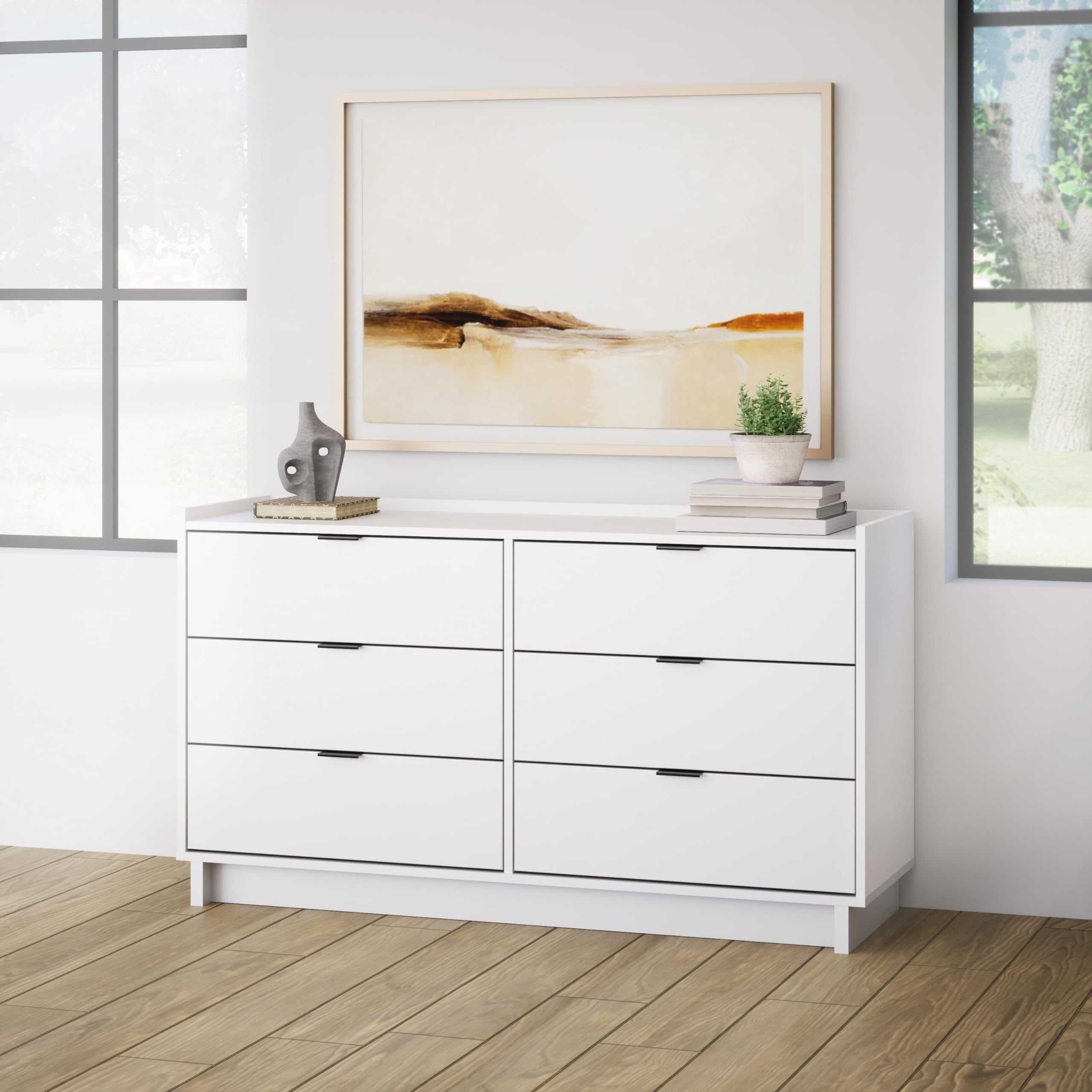 Prepac Simply Modern 6-Drawer Double Dresser For Bedroom, Chest Of Drawers, Modern Bedroom Furniture, 52.5” Wide X 16” Deep X 29.5” Tall, White