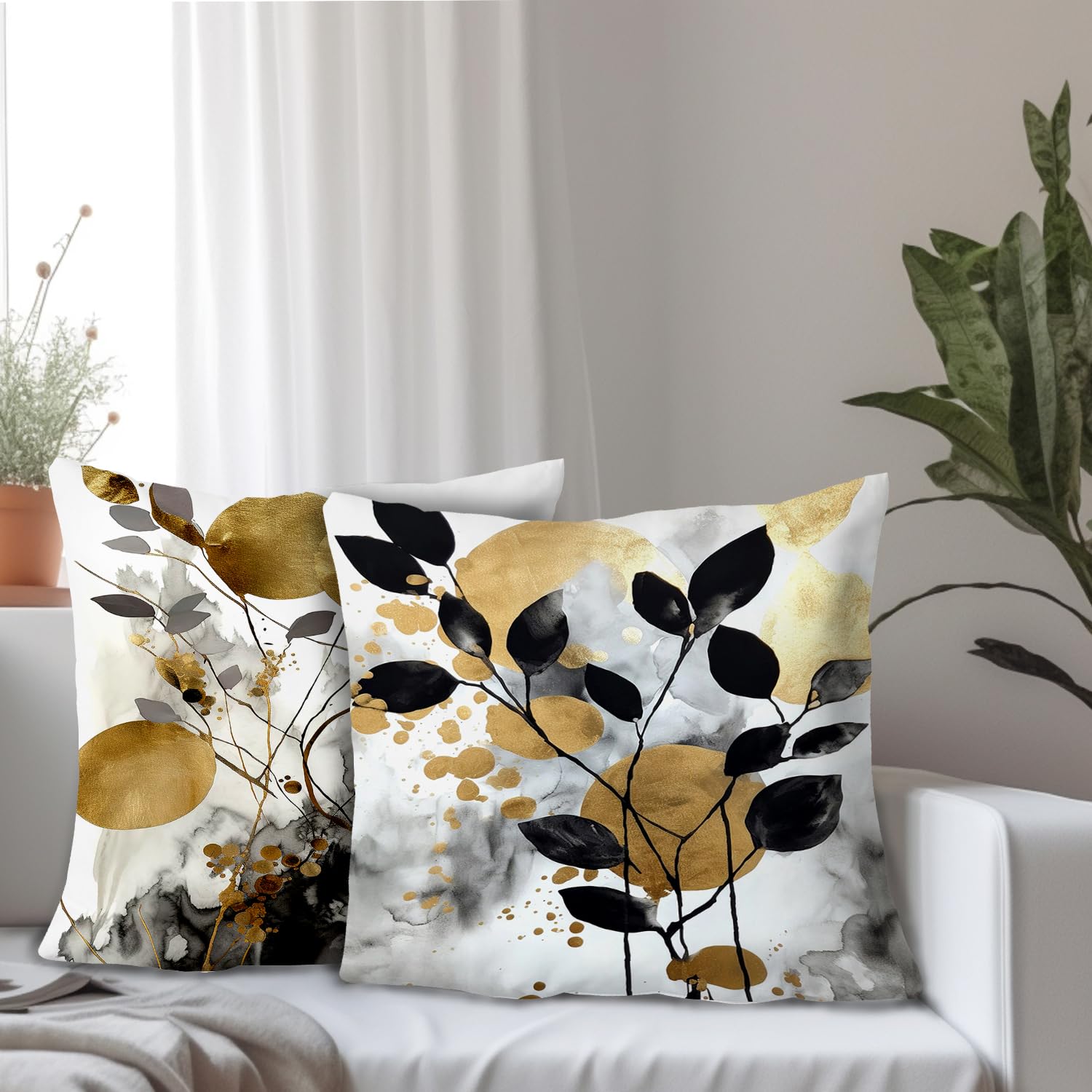 Supwhd Black And Gold Botanical Pillow Covers 18X18 Set Of 2, Abstract Modern Decorative Throw Pillow Covers For Living Room Bed
