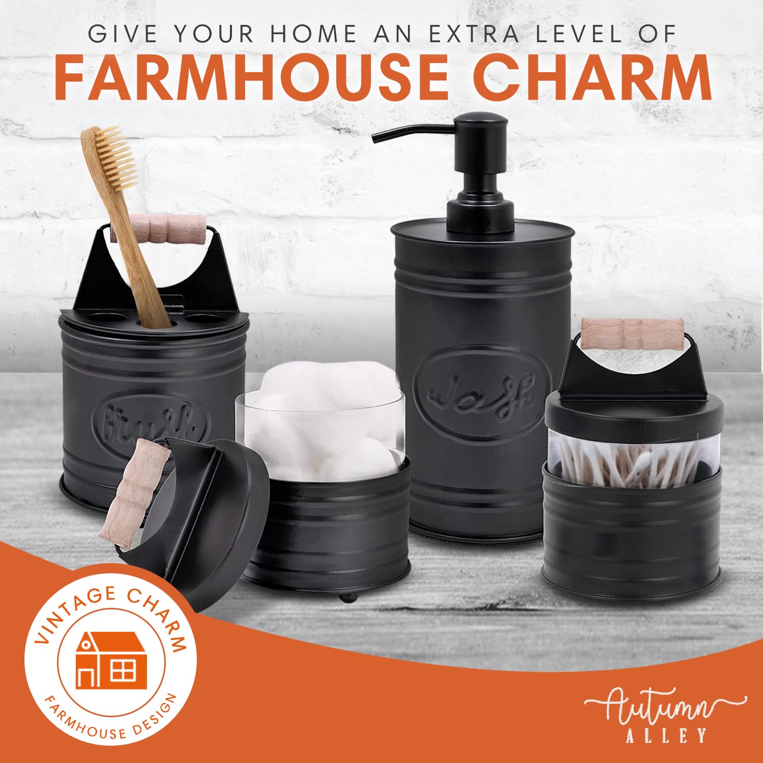 Autumn Alley Rustic Bathroom Accessories Set 4 - Black Farmhouse Soap Dispenser, Rustic Toothbrush Holder, 2 Apothecary Jars Qti