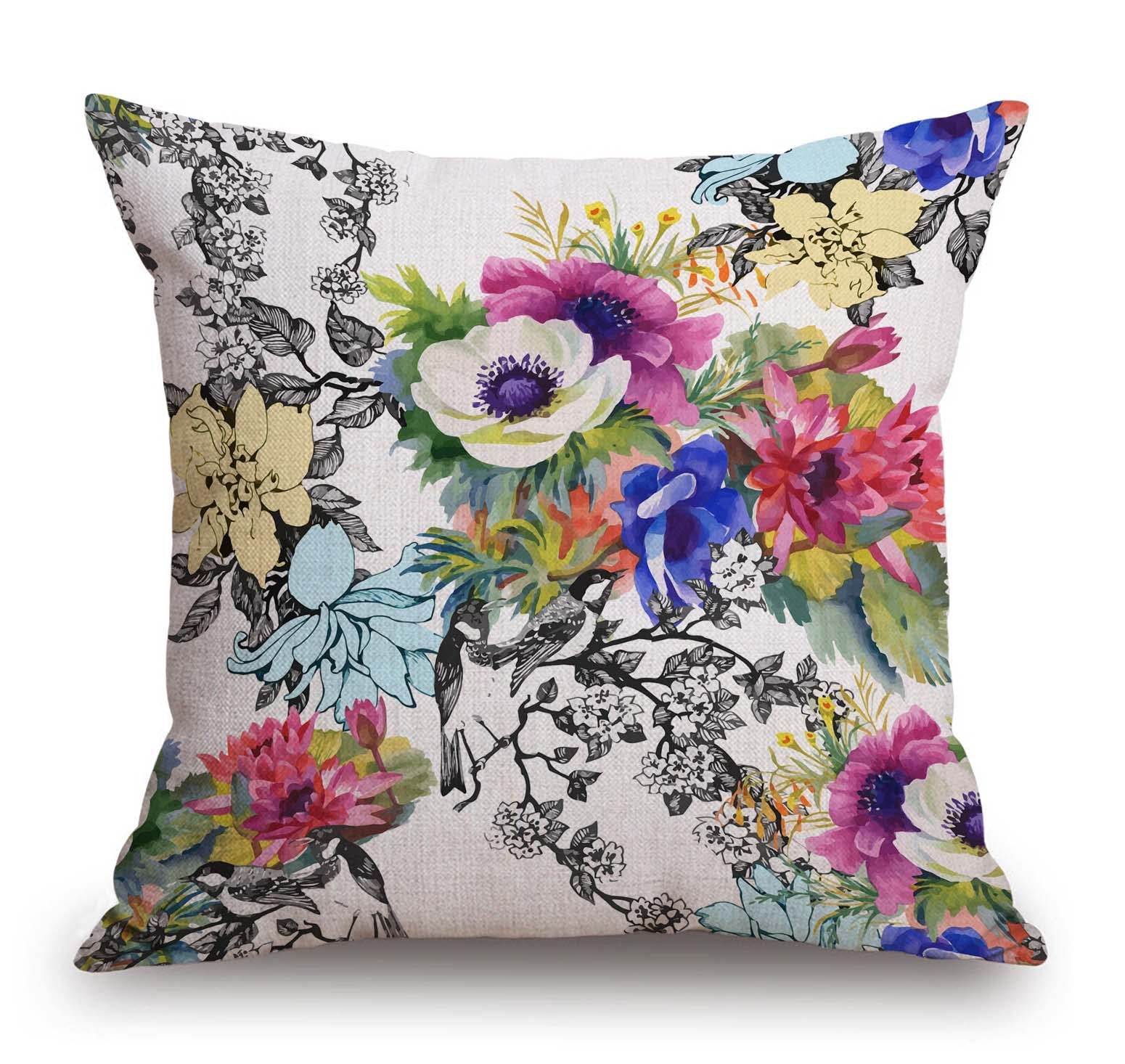 Tssohu Throw Pillow Cover Vivid Colorful Garden Print Blossoming Wildflowers Birds Leaves Branches Decorative Throw Pillow Case