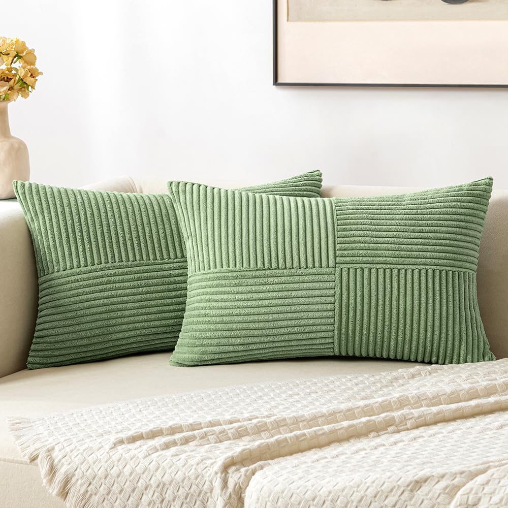 Miulee Sage Green Corduroy Pillow Covers Pack Of 2 Boho Decorative Spliced Throw Pillow Covers Soft Solid Couch Pillowcases Cros