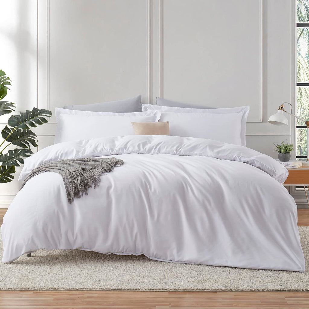 Hearth & Harbor White Duvet Cover Queen Size - 3 Piece Queen Duvet Cover Set, Soft Double Brushed Queen Size Duvet Covers with B