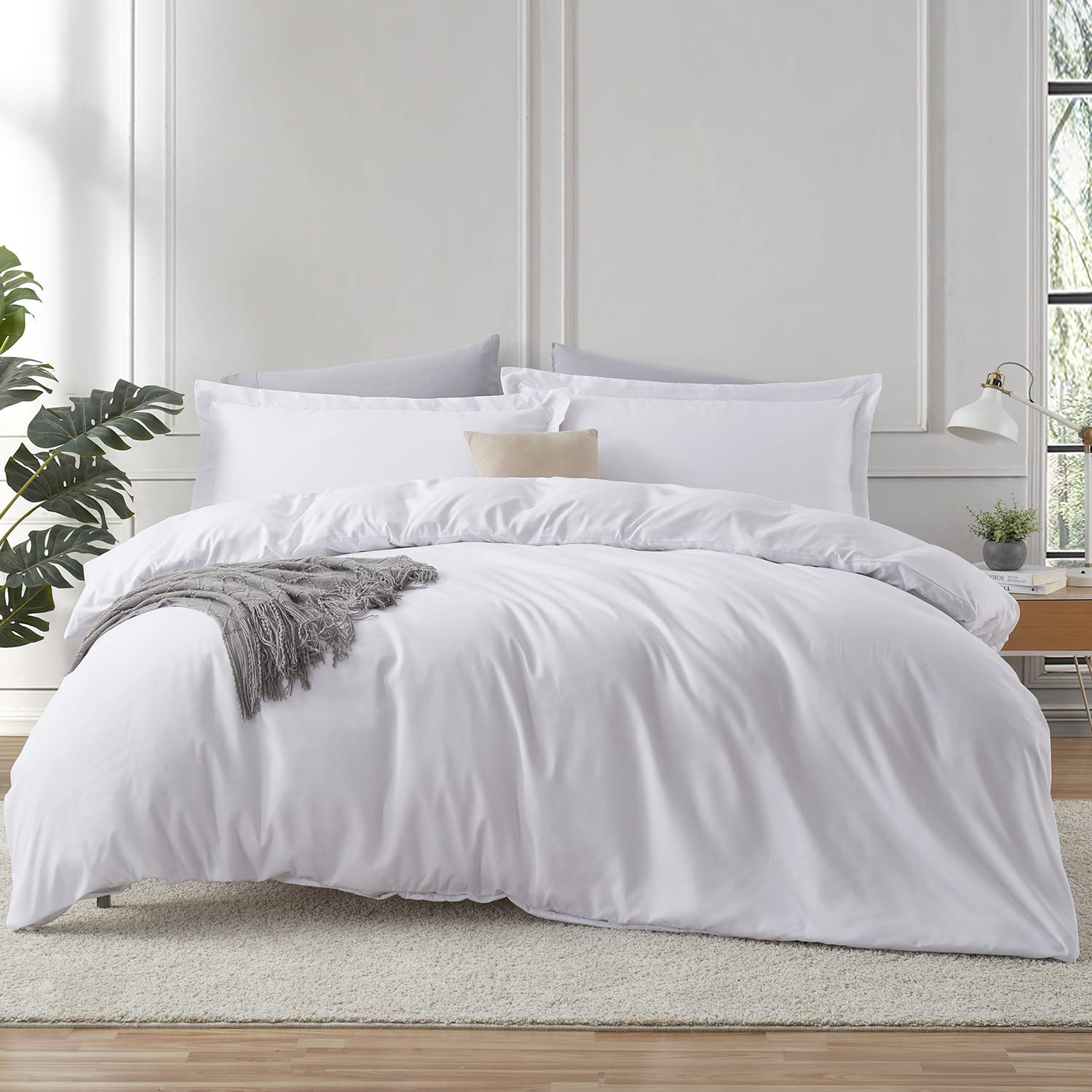 Hearth & Harbor White Duvet Cover Queen Size - 3 Piece Queen Duvet Cover Set, Soft Double Brushed Queen Size Duvet Covers with B