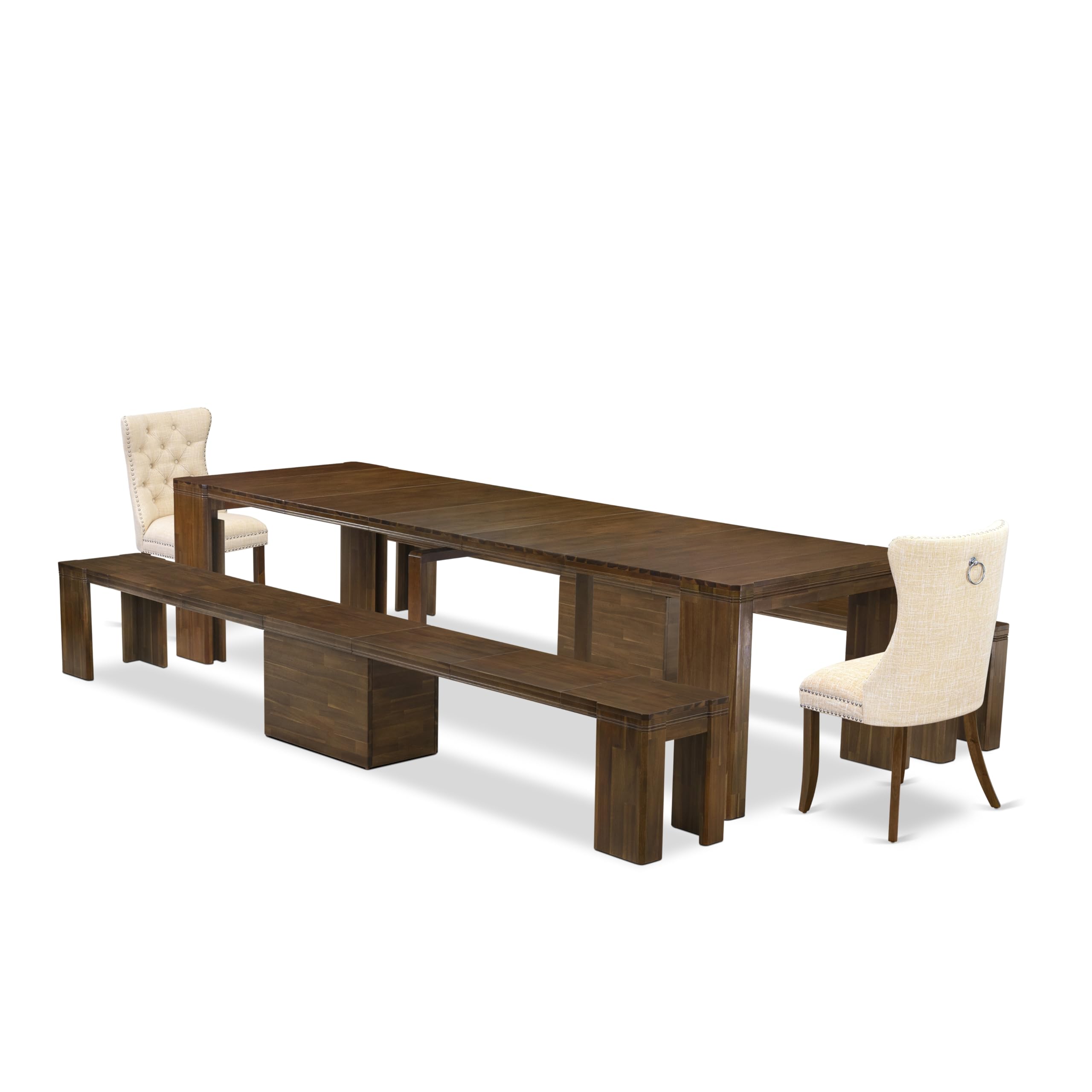 Luxe by East West Furniture - X02DA-208-32 - 5 Pieces Mid Century Dining Table Set contains an Extendable Rectangle Kitchen Table, 2 Dining Chairs and 2 Modern Benches, 39x120 Inch, Antique Walnut