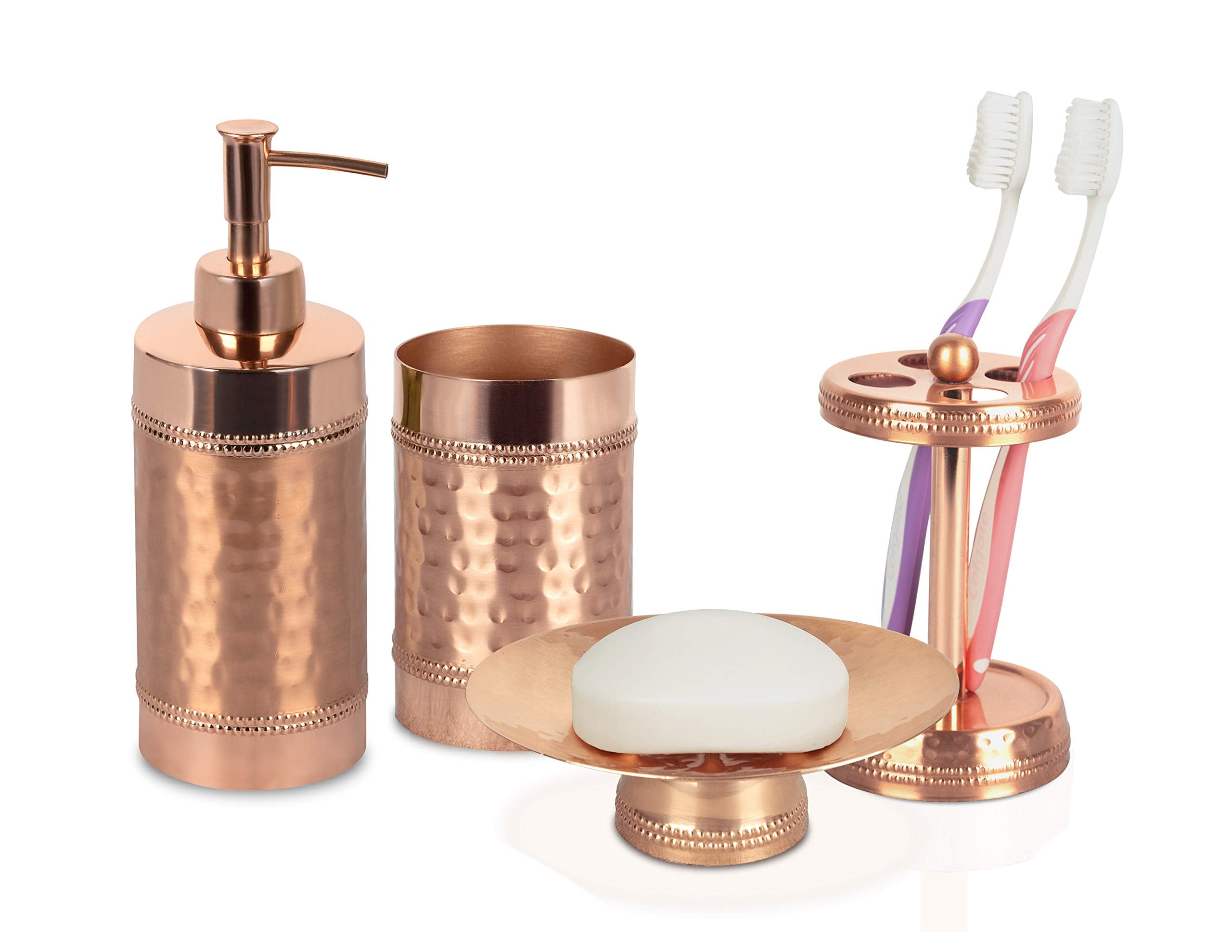 Nu Steel Hudson Copper Finish Bath Accessory Set For Countertop, 4 Pcs Luxury Ensemble-Soap Dish, Toothbrush Holder, Tumbler, So