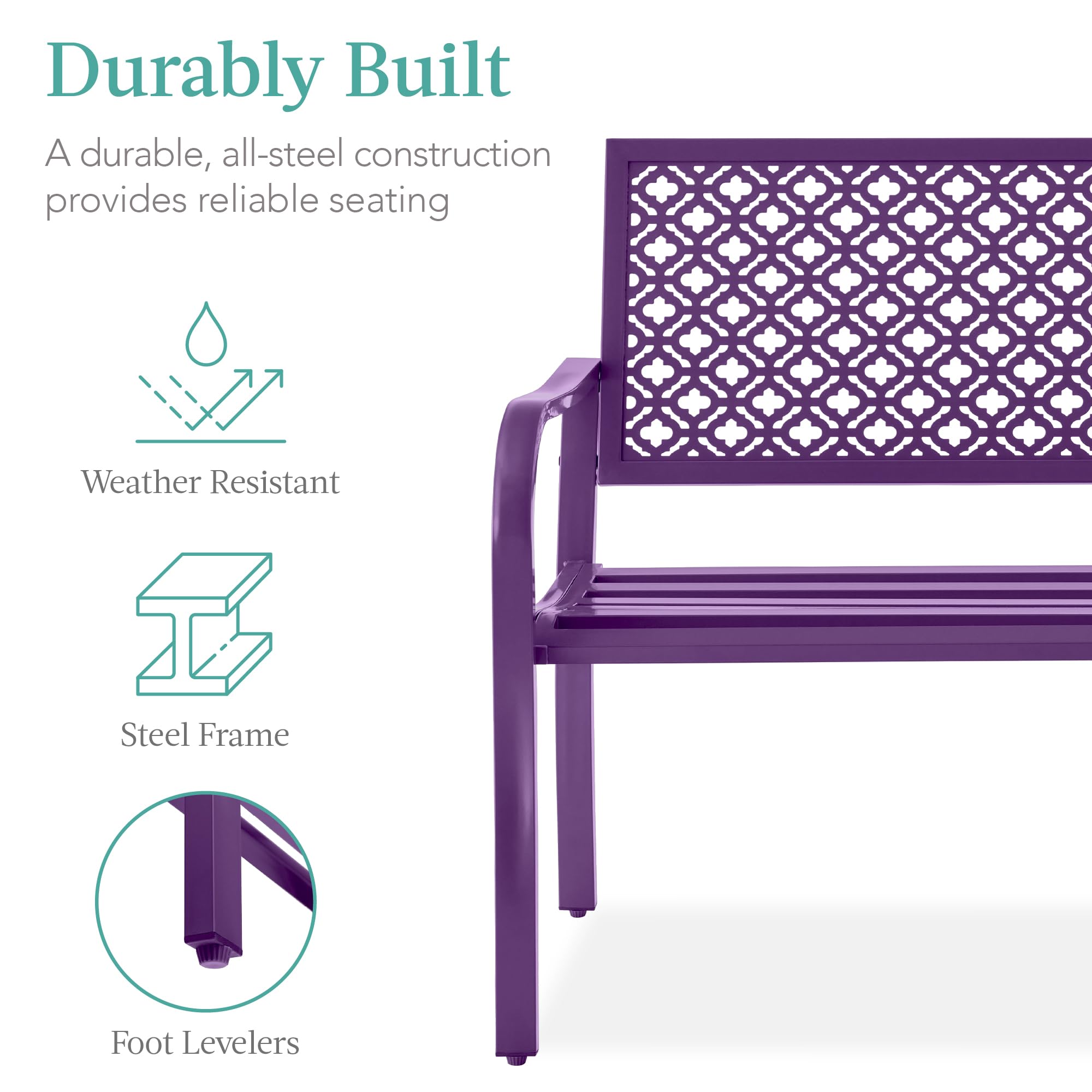 Best Choice Products Outdoor Bench 2-Person Metal Steel Benches Furniture For Garden, Patio, Porch, Entryway W/Geometric Backrest, 790Lb Capacity - Dark Purple