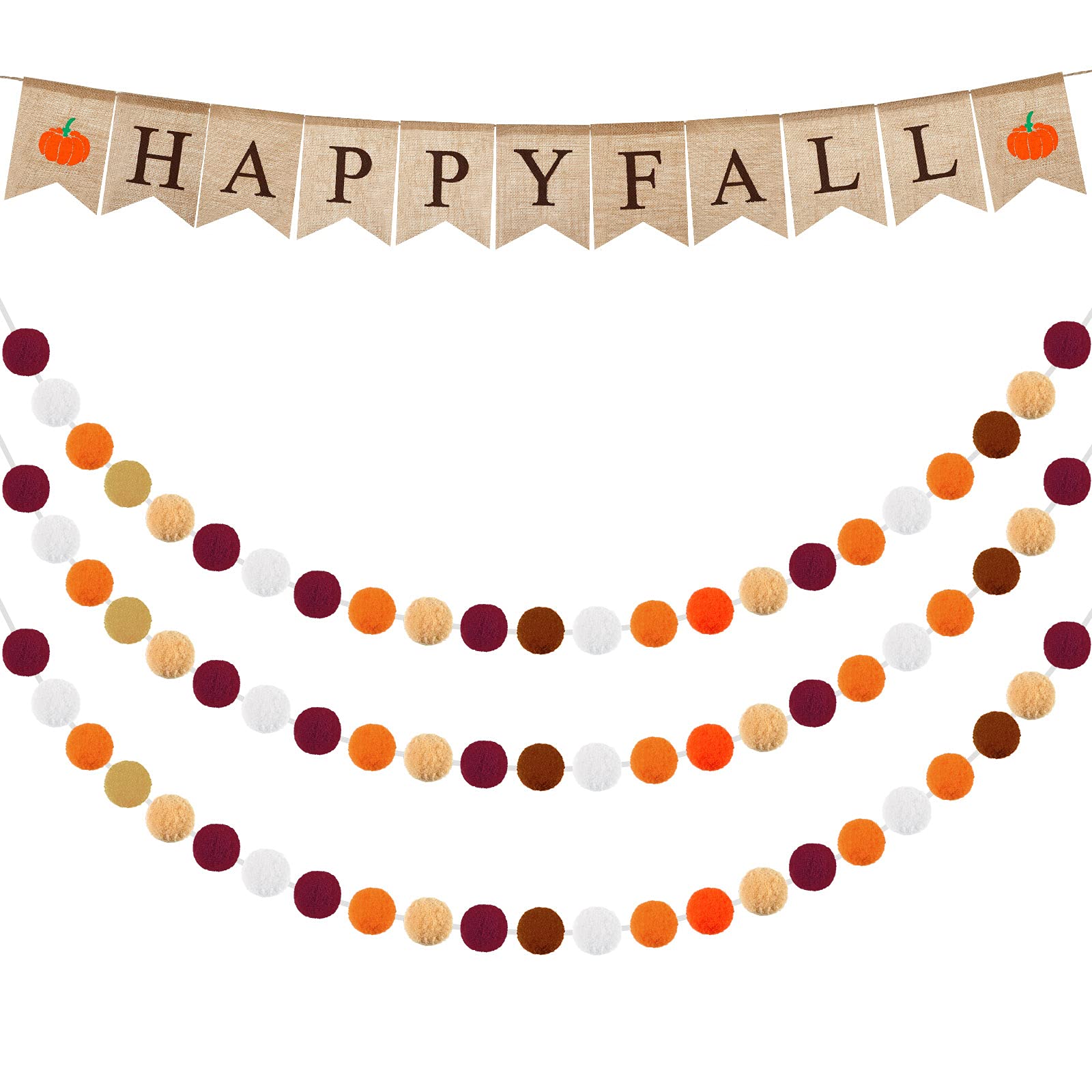 Tatuo Happy Fall Burlap Banner with 3 Pieces Fall Pom Pom Garland Wool Felt Ball Garland Thanksgiving Decoration for Harvest Tim