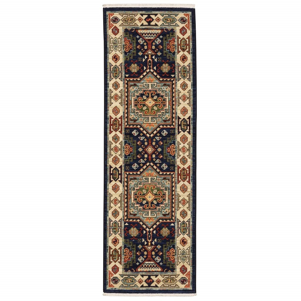 HomeRoots Wool, Nylon 6' Blue Ivory Machine Woven Medallion Indoor Runner Rug