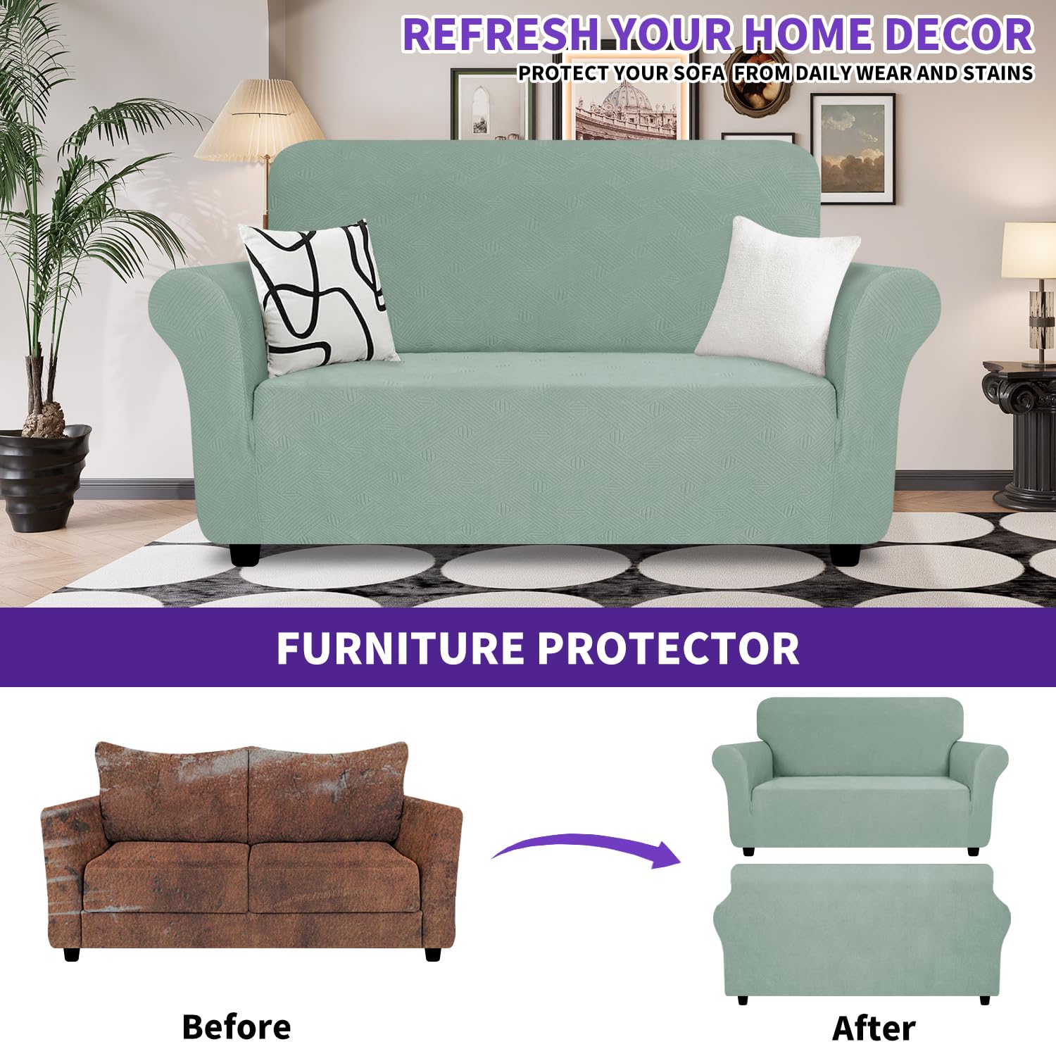 Znsayotx Super Stretch Loveseat Covers (55'-69'), New Striped Love Seat Slipcover, Dogs Pet Friendly Anti-Slip Couch Protector Spandex Durable 2 Seater Fabric Sofa Cover (Pea Green, Loveseat)