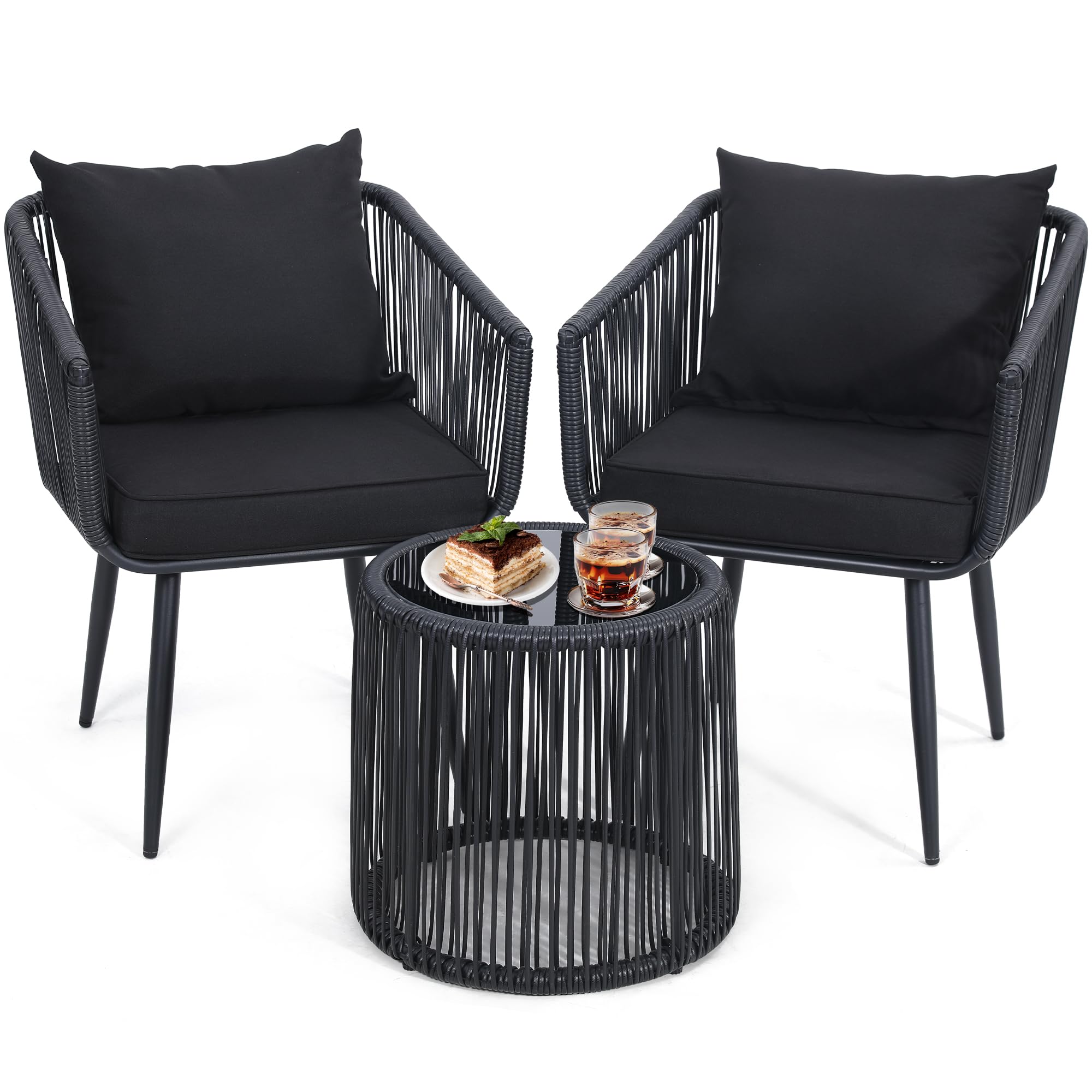 Kromax 3 Pieces Patio Rattan Bistro Conversation Set, Outdoor All-Weather Wicker Furniture Chairs And Side Table Set Ideal For Balcony, Porch And Backyard, Black