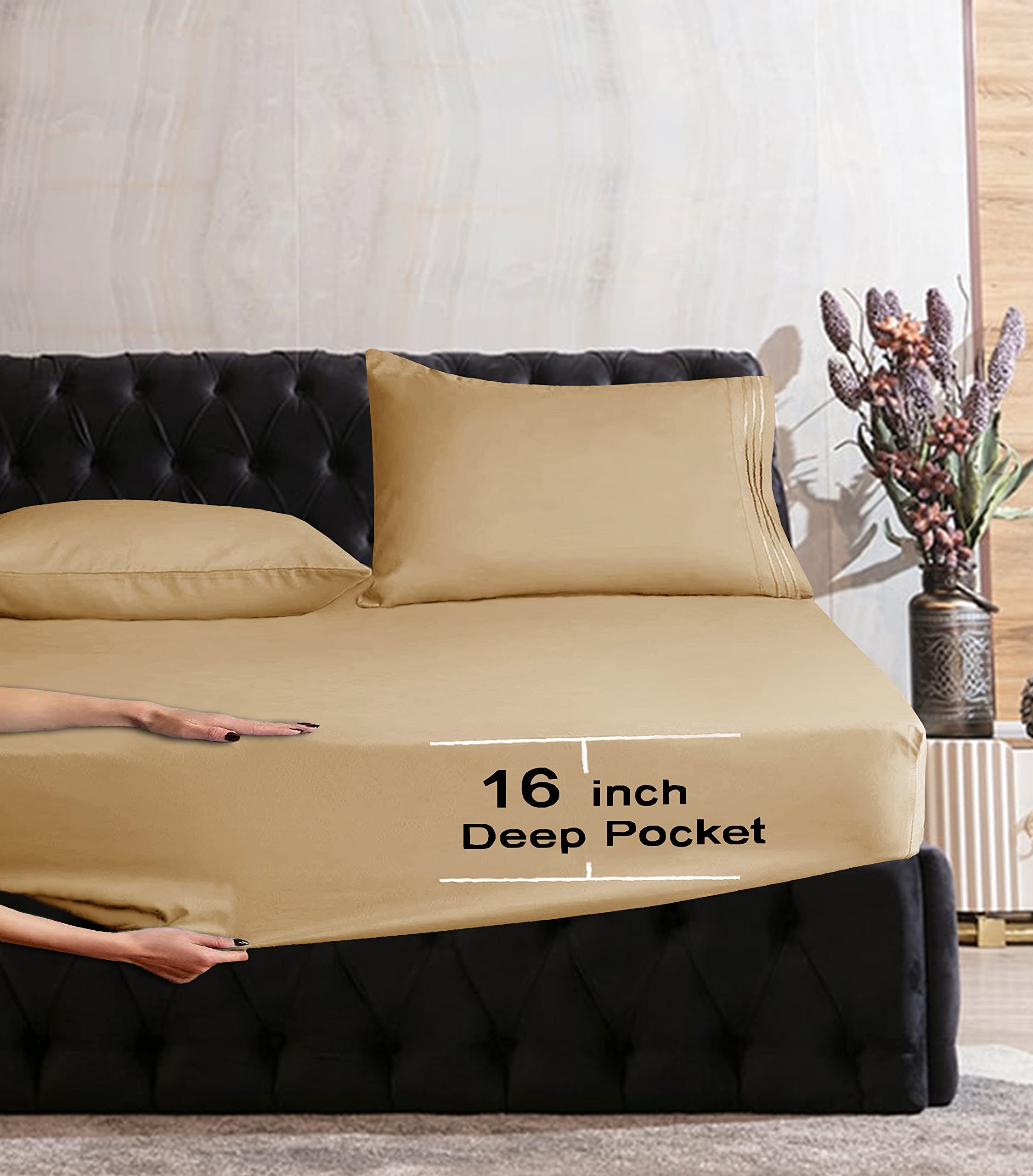 Elegant Comfort Luxurious Wrinkle Resistant 1500 Thread Count Egyptian Quality 1-Piece Fitted Sheet All Around Elastic -Deep Pocket- Ultra Soft Bottom Fitted Sheet, Queen, Camel-Gold