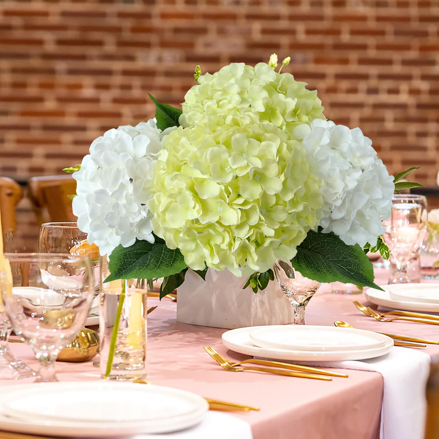 Jinwoe Green Hydrangea Artificial Flowers, 5Pcs 20Inch Large Lifelike Faux Silk Flowers, Full Artificial Hydrangeas For Bouquet